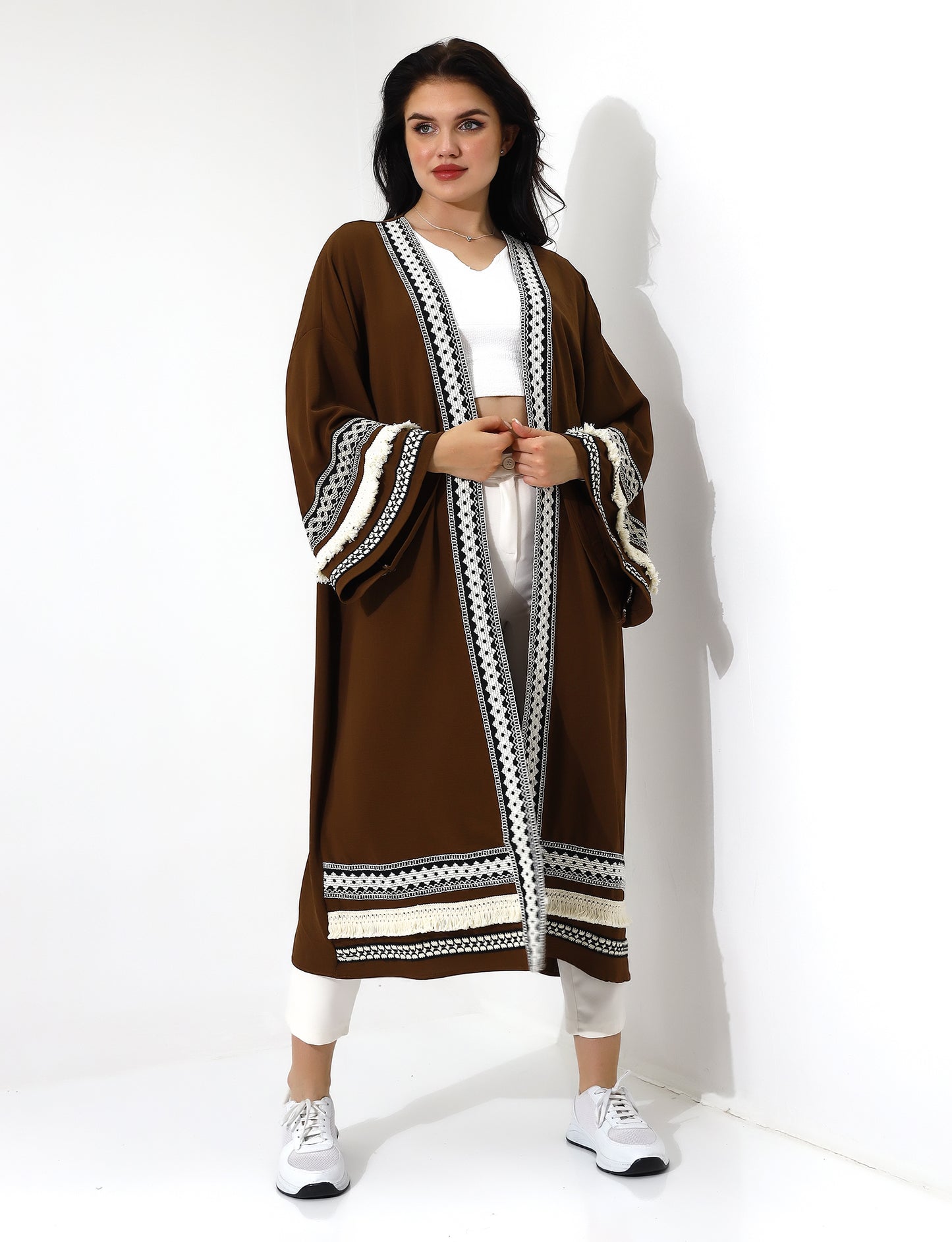 Elegant Brown Open Front Abaya with Lace Details