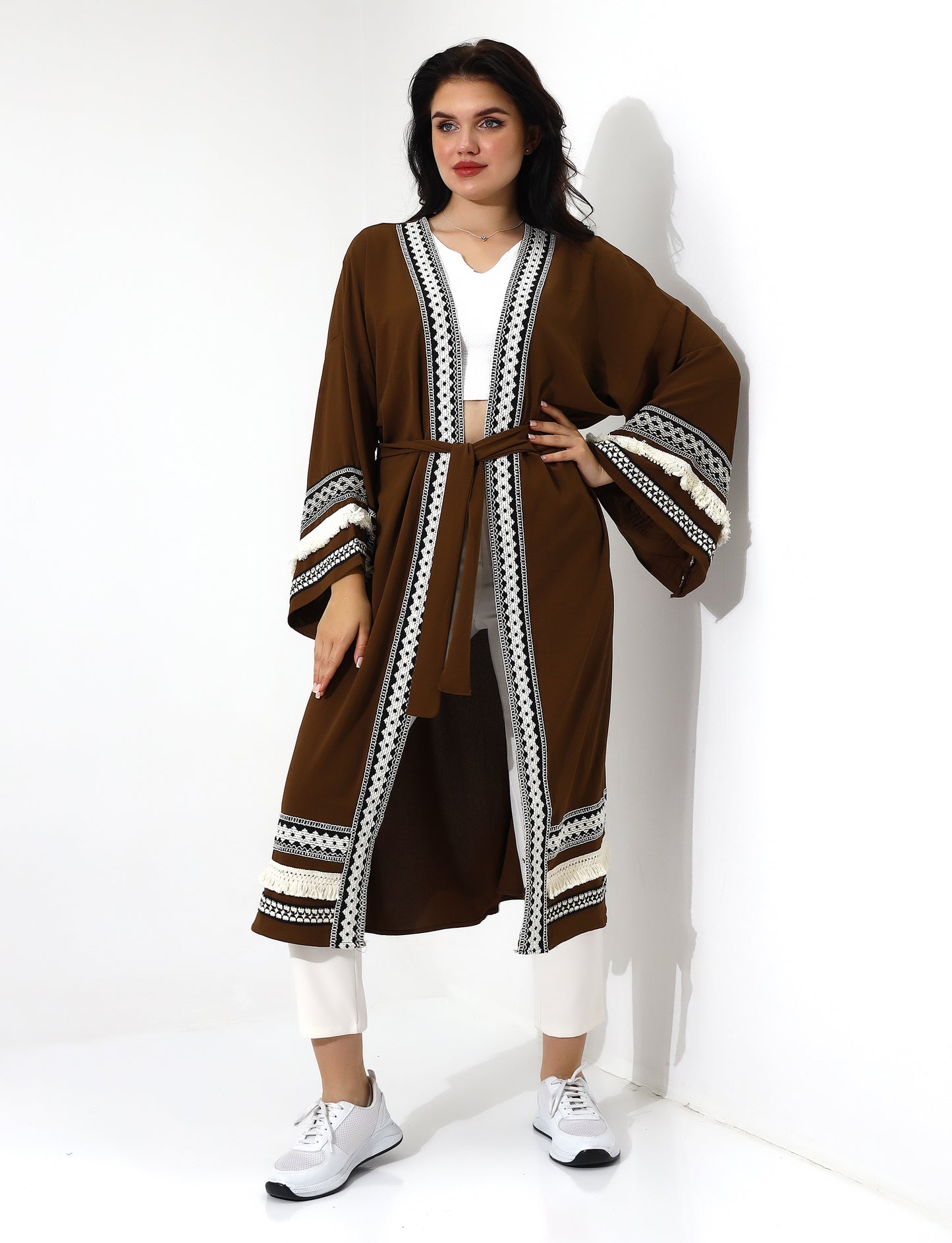 Elegant Brown Open Front Abaya with Lace Details