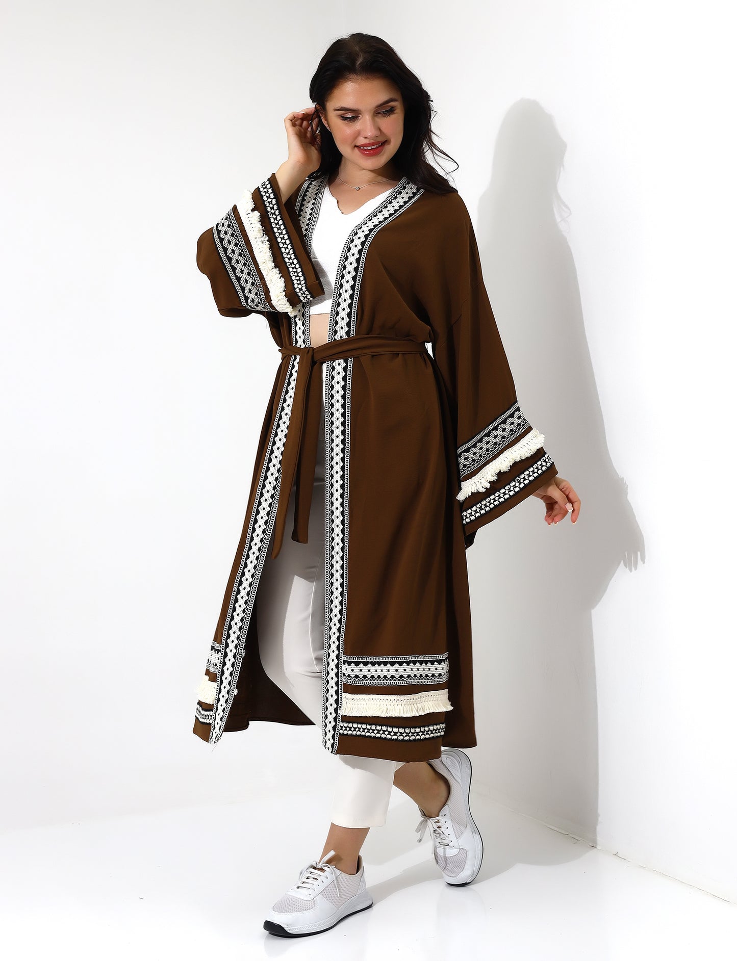 Elegant Brown Open Front Abaya with Lace Details