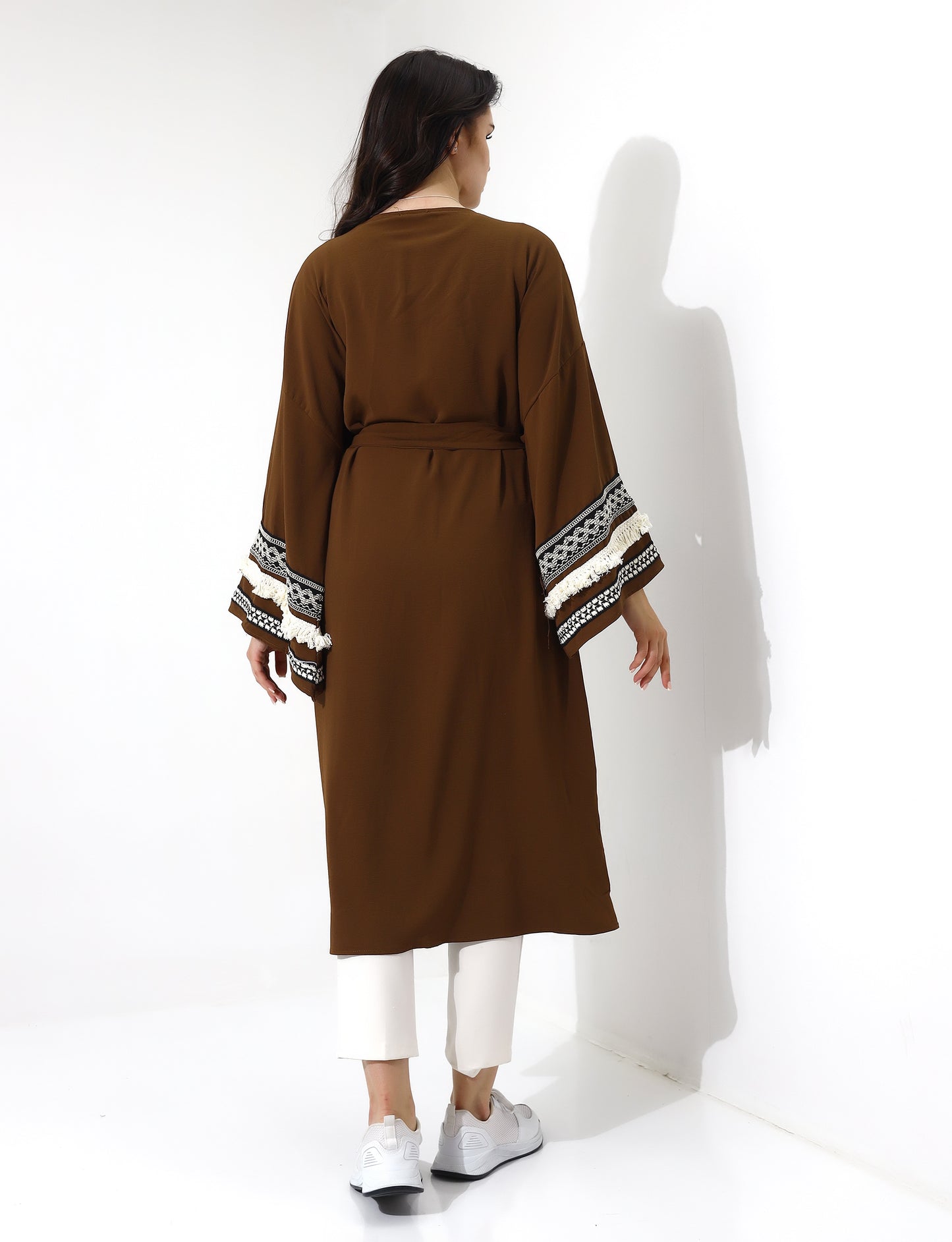 Elegant Brown Open Front Abaya with Lace Details