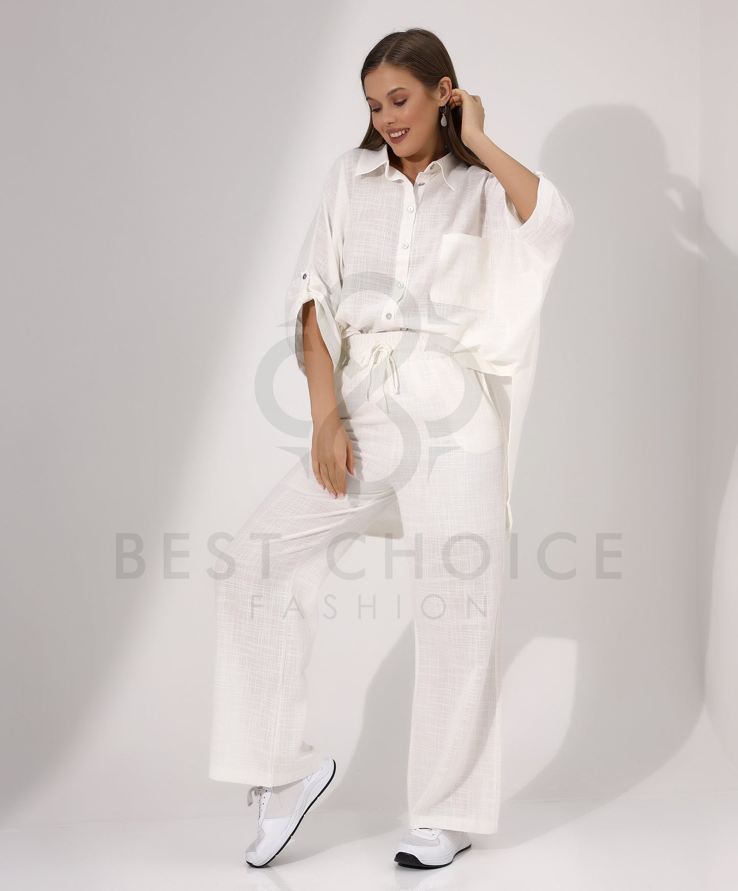 Elegant white button down shirt and wide leg pants set - Stayele Store Small
