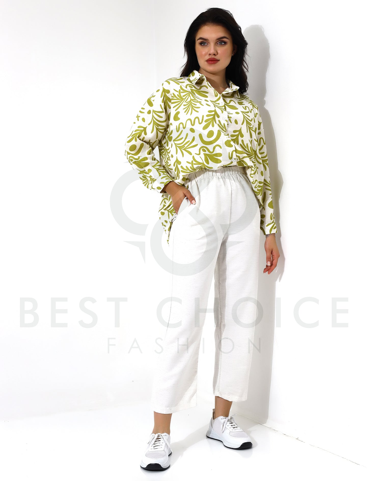 Green Plaid Long Sleeve Shirt with White Pants Set - Stayele Store S