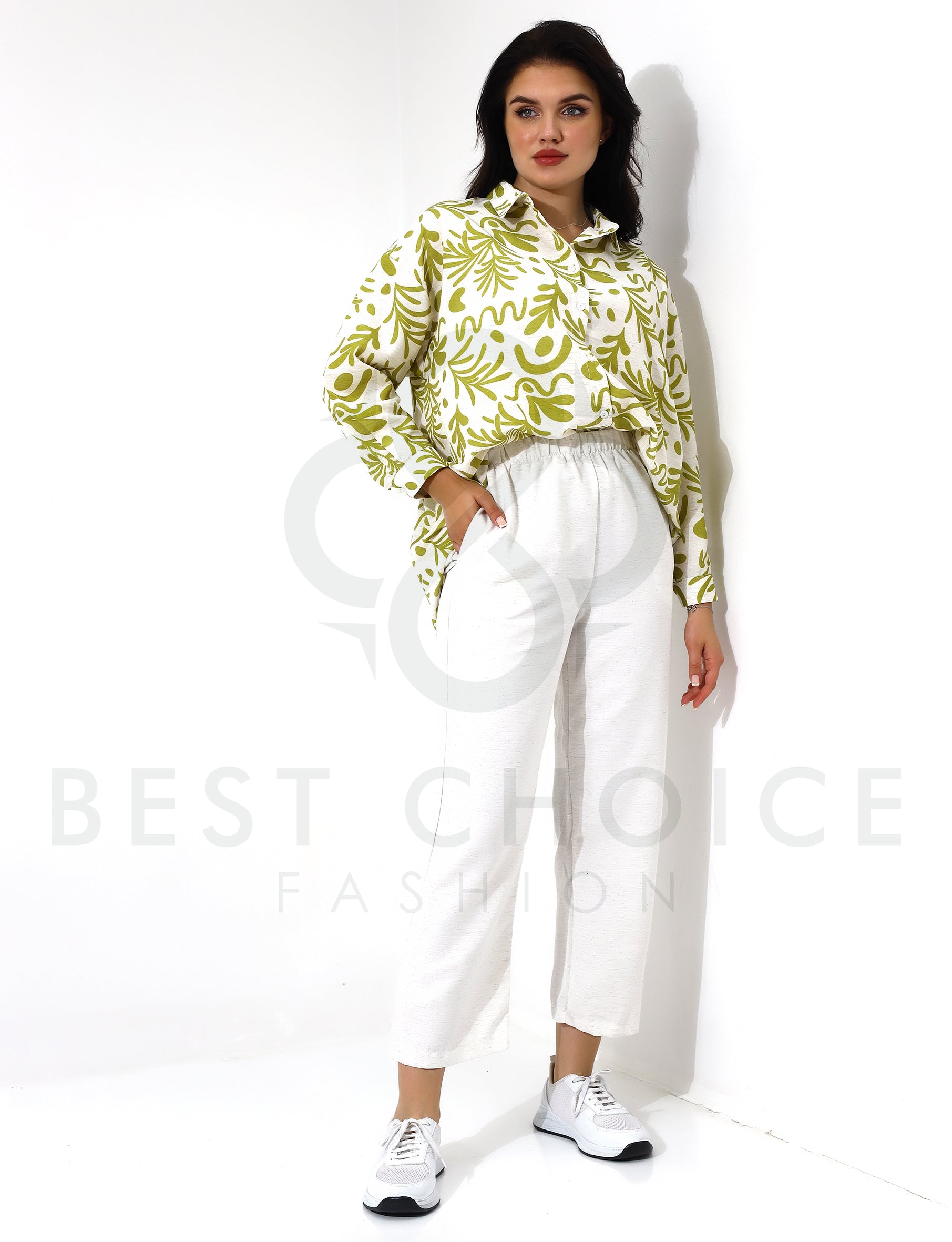 Green Plaid Long Sleeve Shirt with White Pants Set - Stayele Store S
