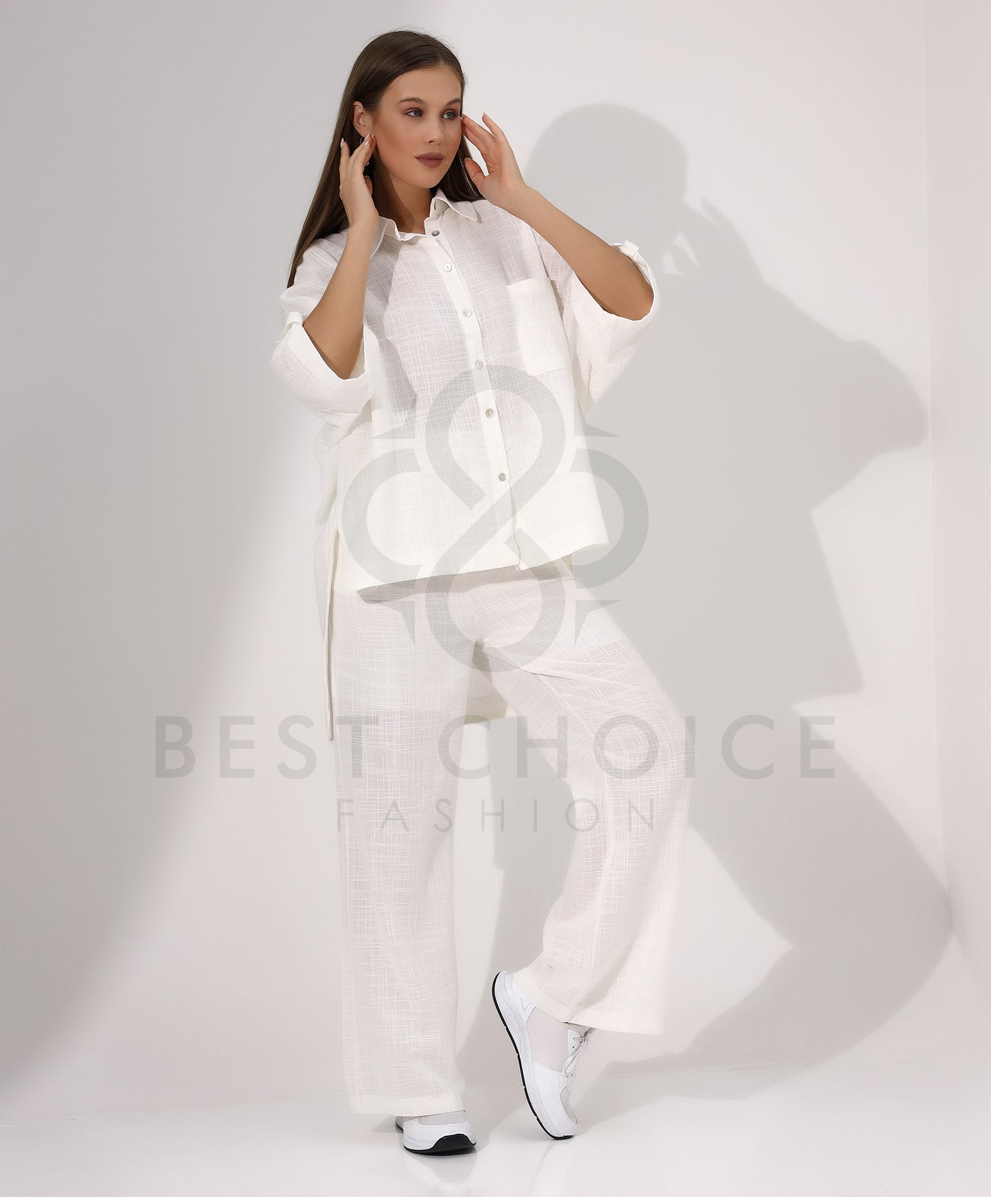Elegant white button down shirt and wide leg pants set - Stayele Store Small