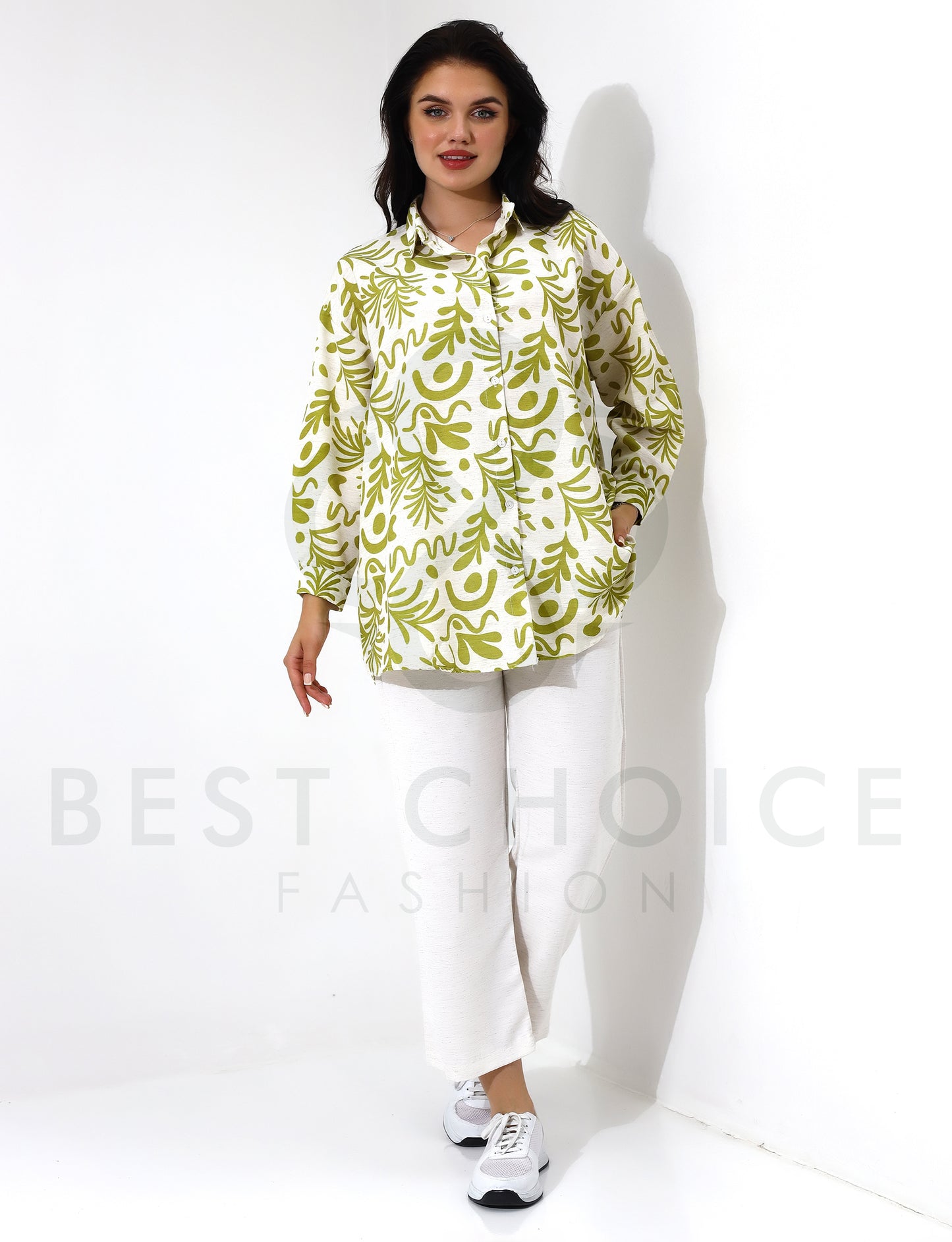 Green Plaid Long Sleeve Shirt with White Pants Set - Stayele Store S
