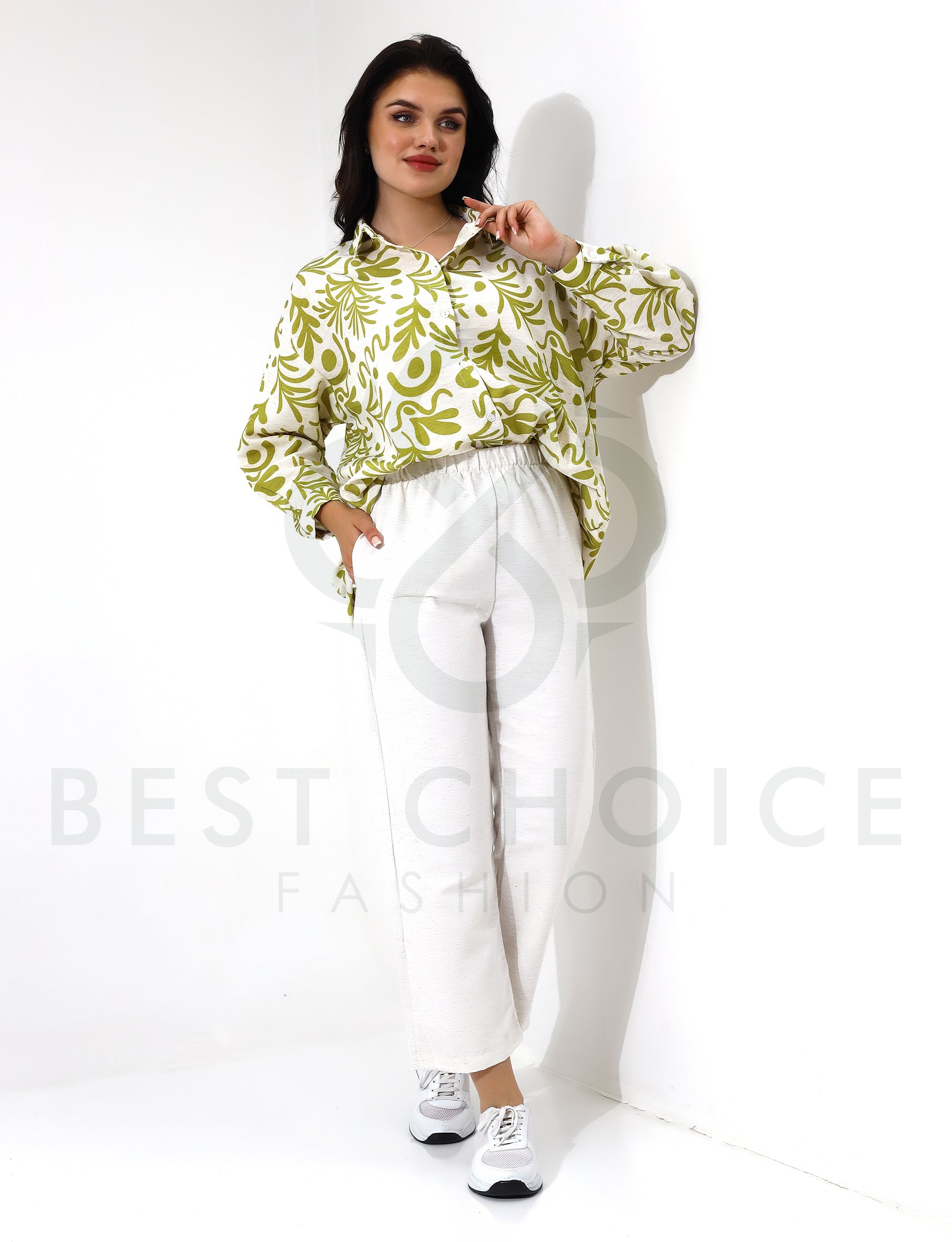 Green Plaid Long Sleeve Shirt with White Pants Set - Stayele Store S