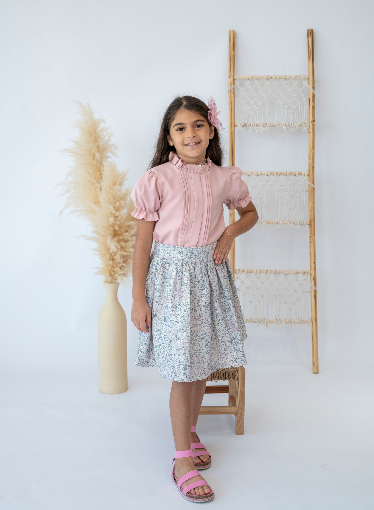 Springtime Elegance Pink Blouse and Floral Skirt Set for Girls