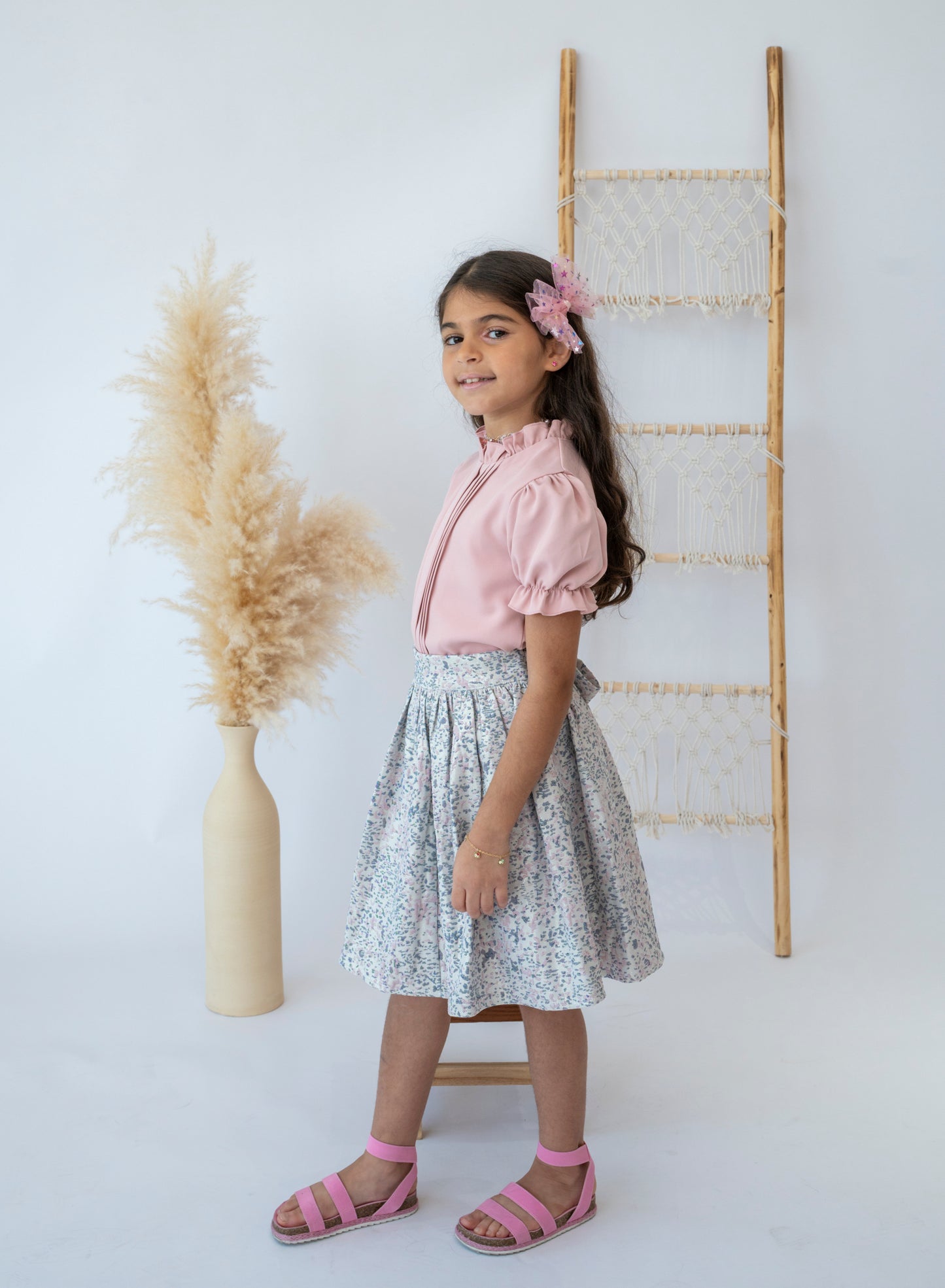 Springtime Elegance Pink Blouse and Floral Skirt Set for Girls