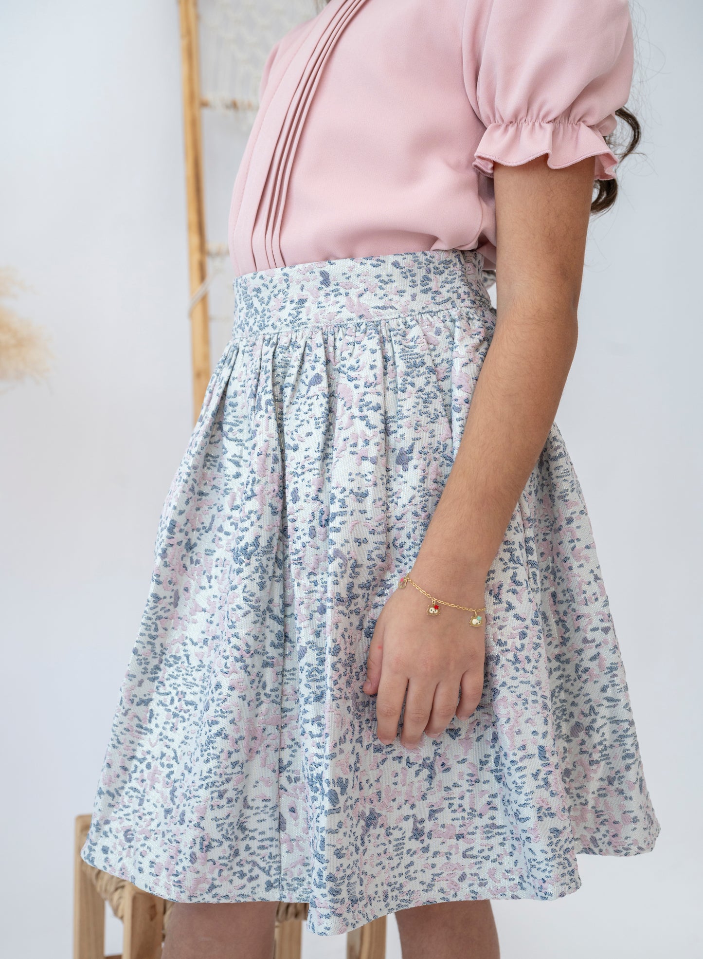 Springtime Elegance Pink Blouse and Floral Skirt Set for Girls