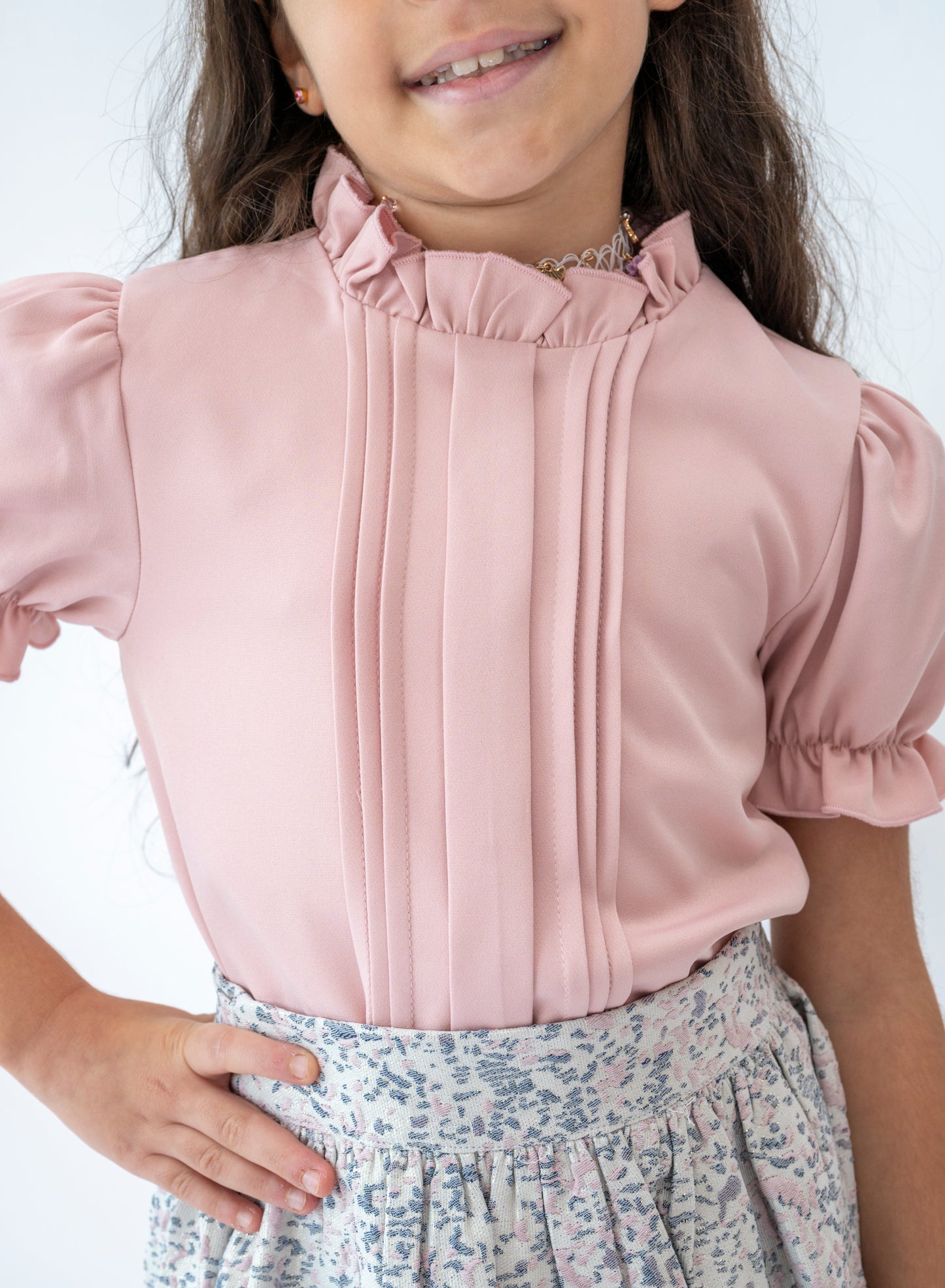 Springtime Elegance Pink Blouse and Floral Skirt Set for Girls