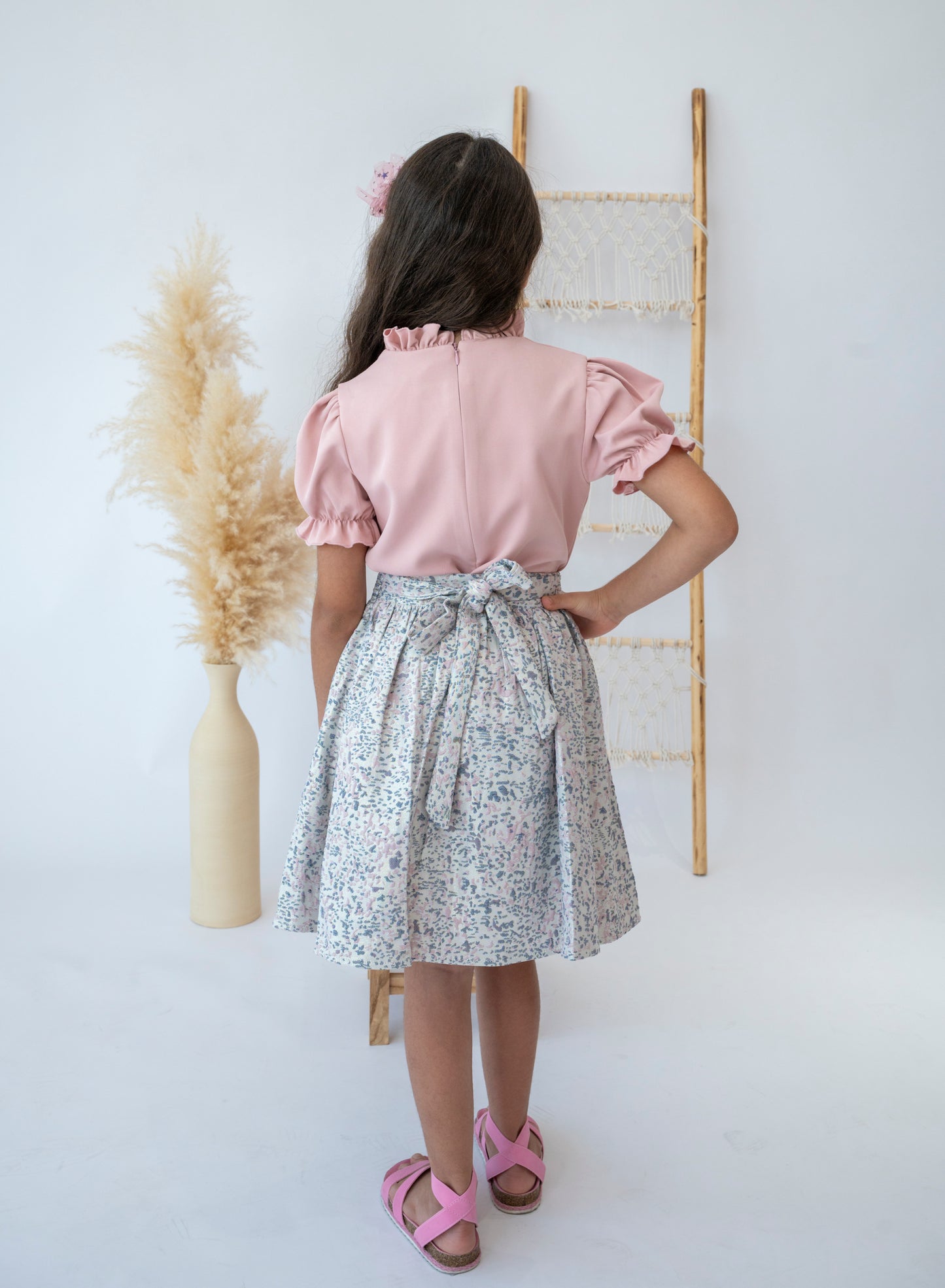 Springtime Elegance Pink Blouse and Floral Skirt Set for Girls