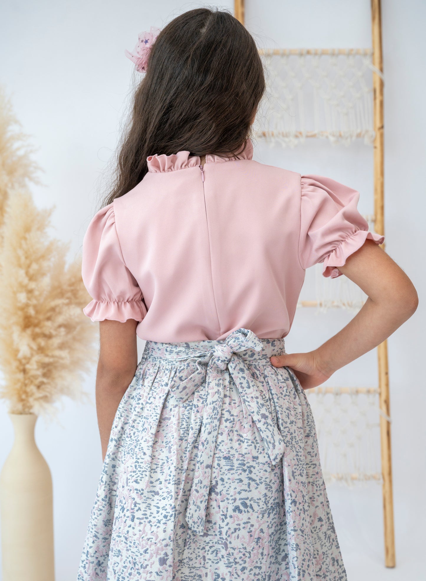 Springtime Elegance Pink Blouse and Floral Skirt Set for Girls