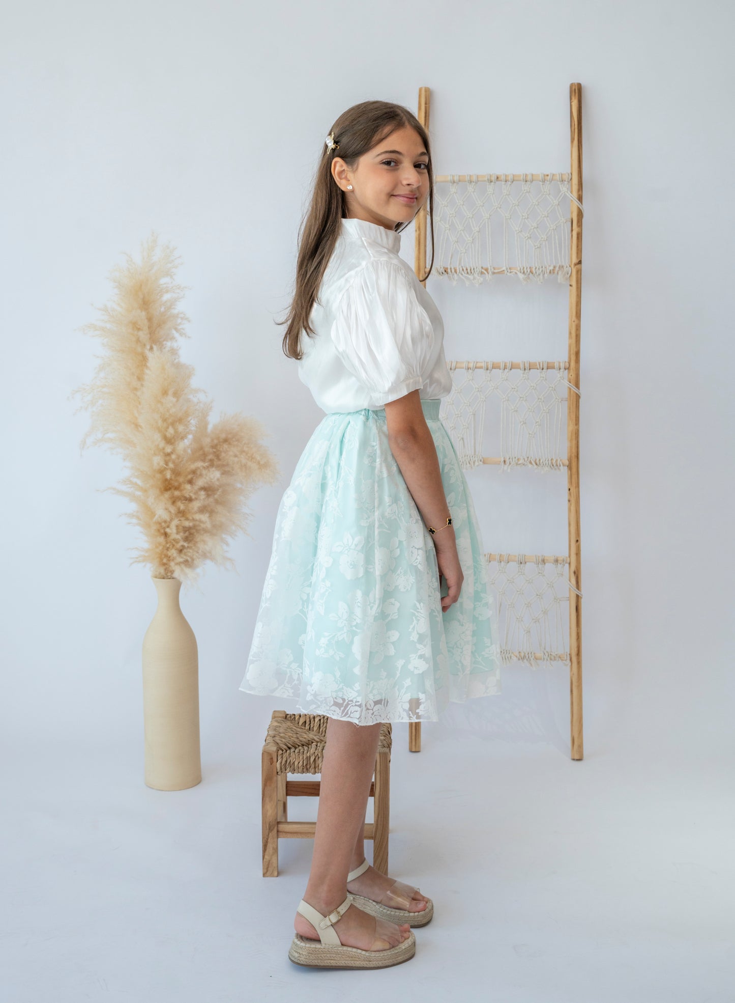 Elegant Mint Floral Skirt and White Blouse Set for Girls