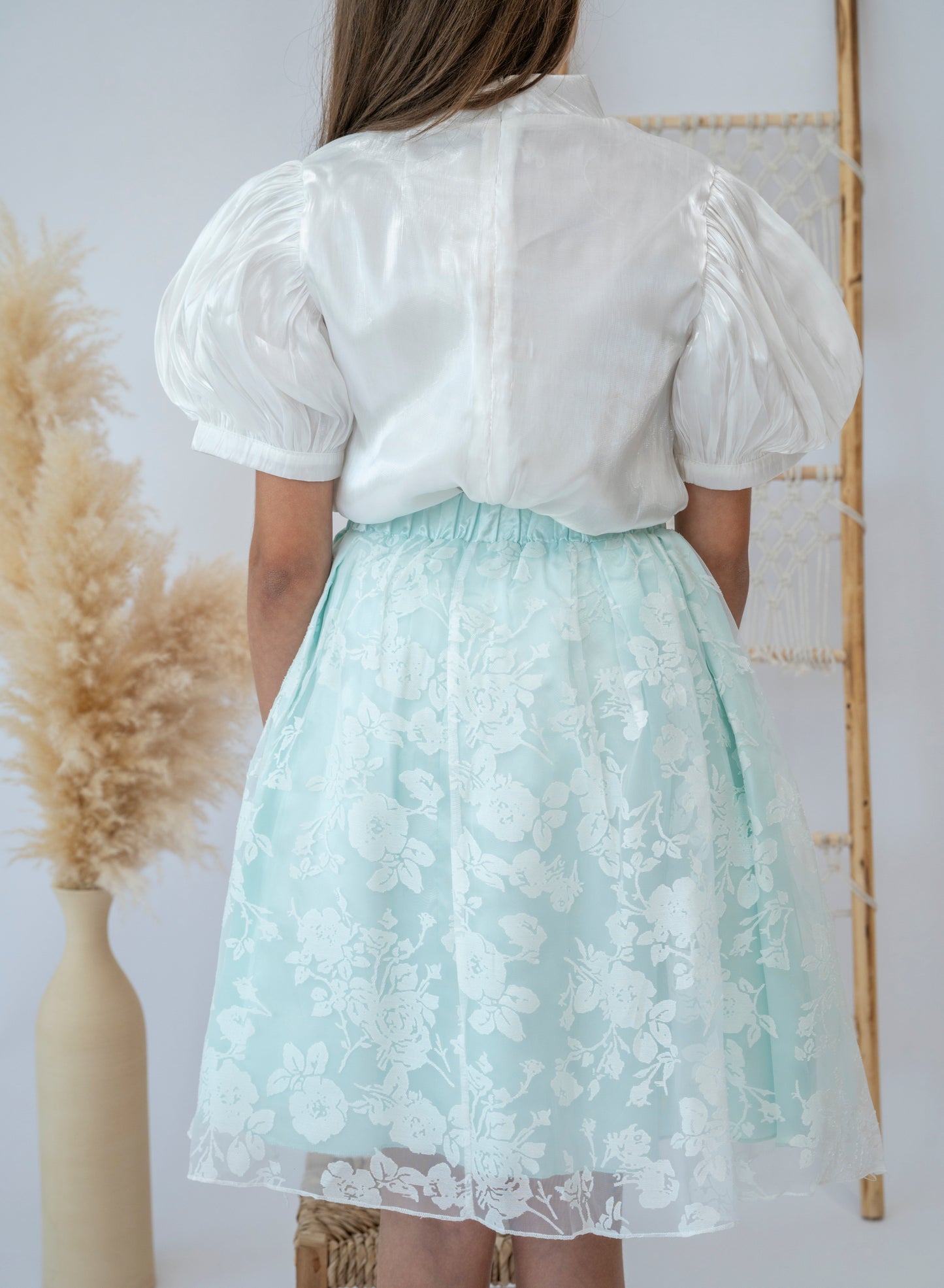 Elegant Mint Floral Skirt and White Blouse Set for Girls