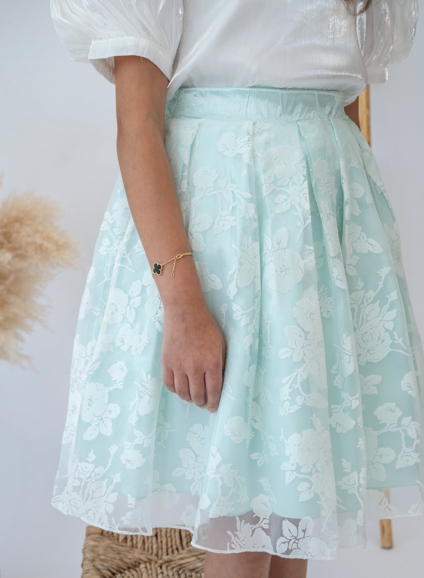Elegant Mint Floral Skirt and White Blouse Set for Girls