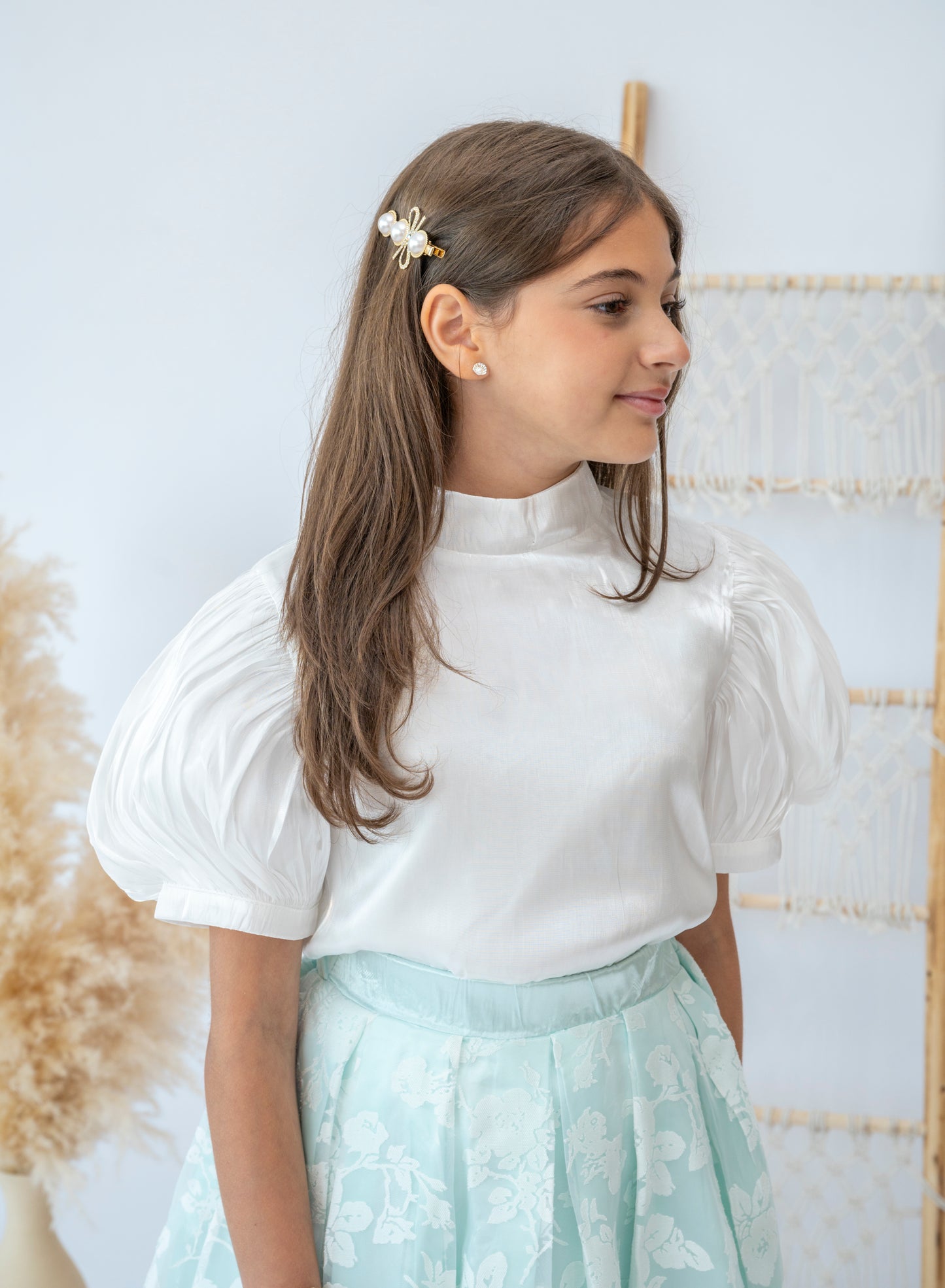 Elegant Mint Floral Skirt and White Blouse Set for Girls