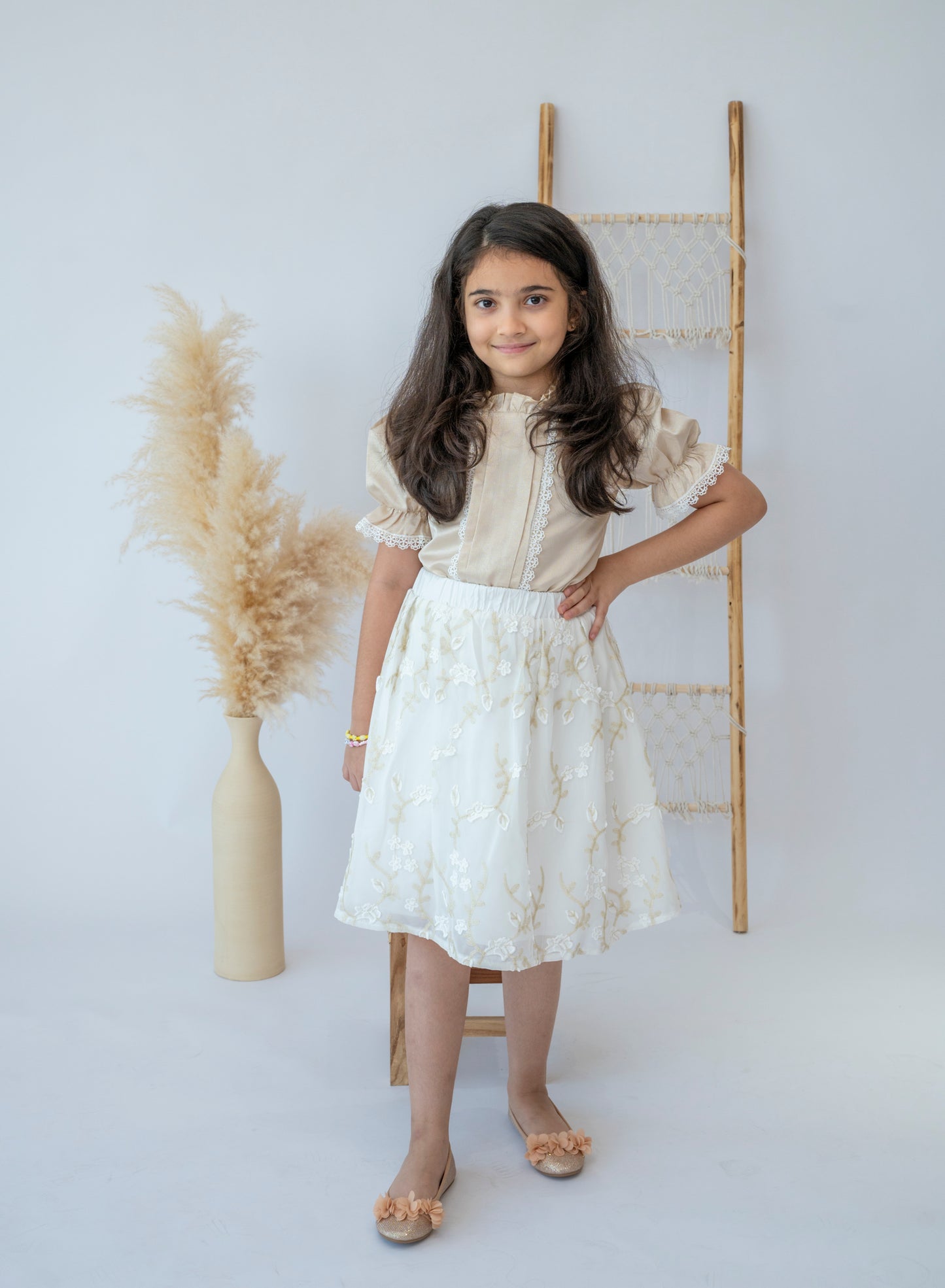 “Golden Elegance” Girls’ Embroidered Dress