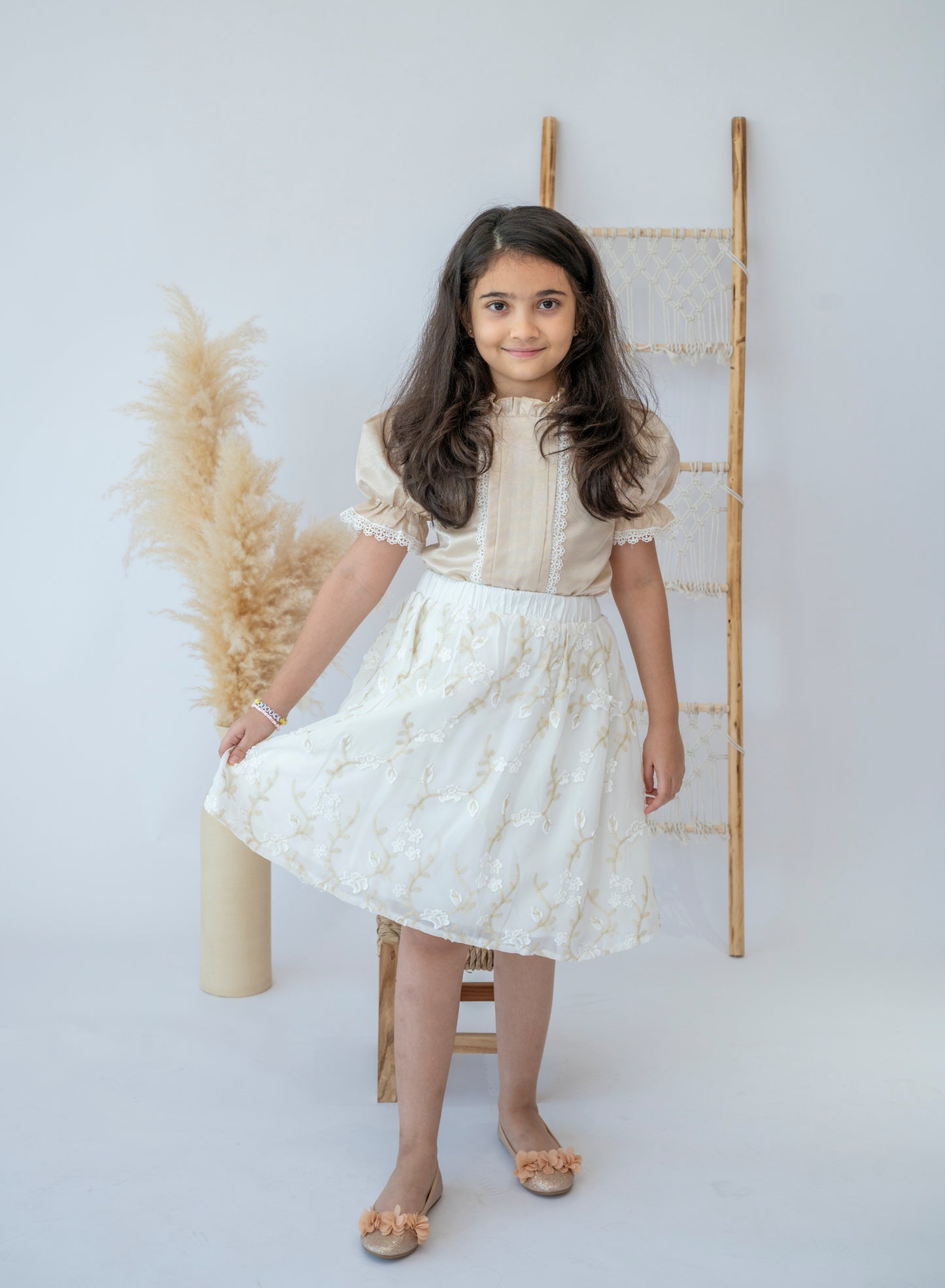 “Golden Elegance” Girls’ Embroidered Dress