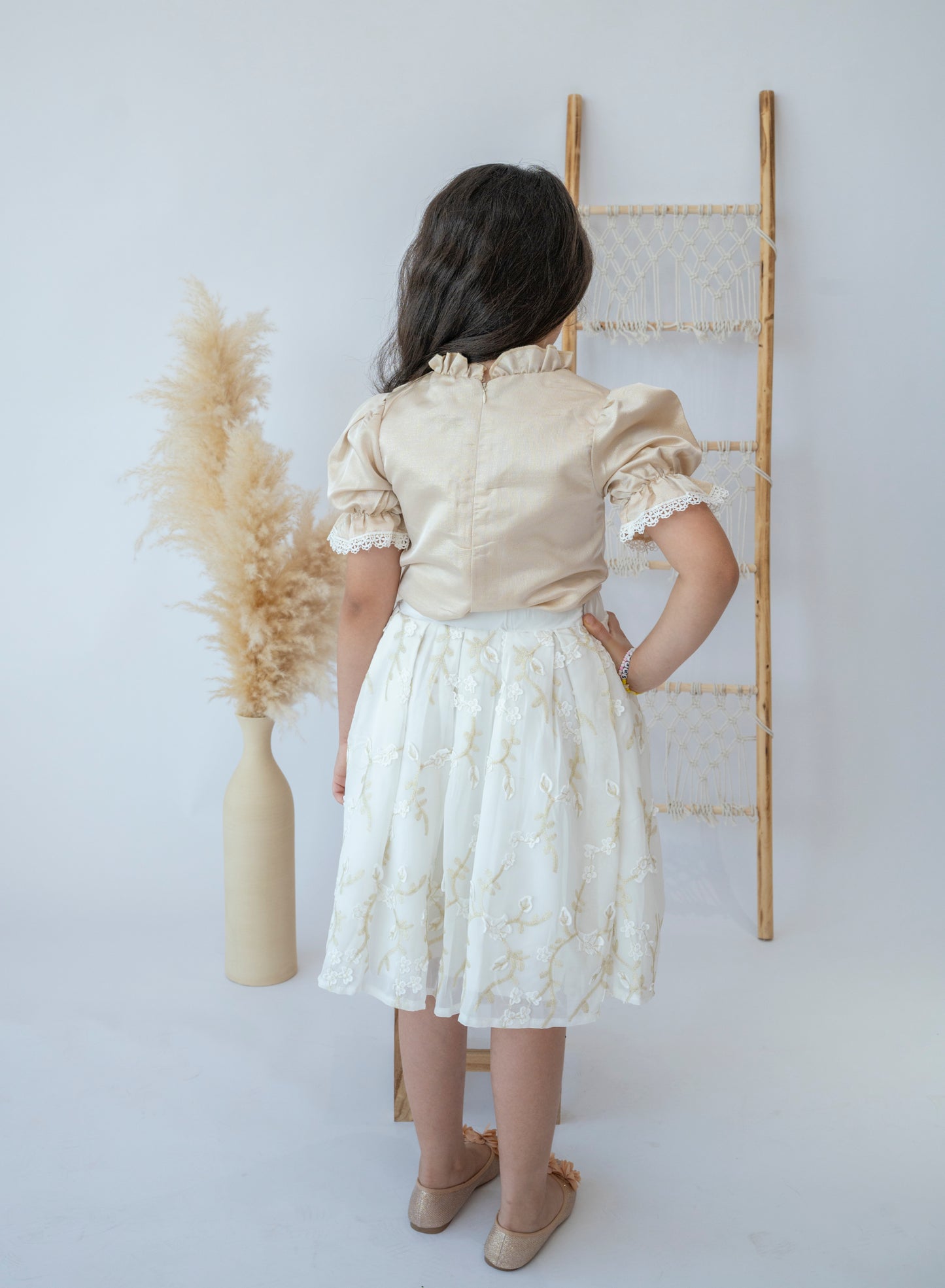 “Golden Elegance” Girls’ Embroidered Dress