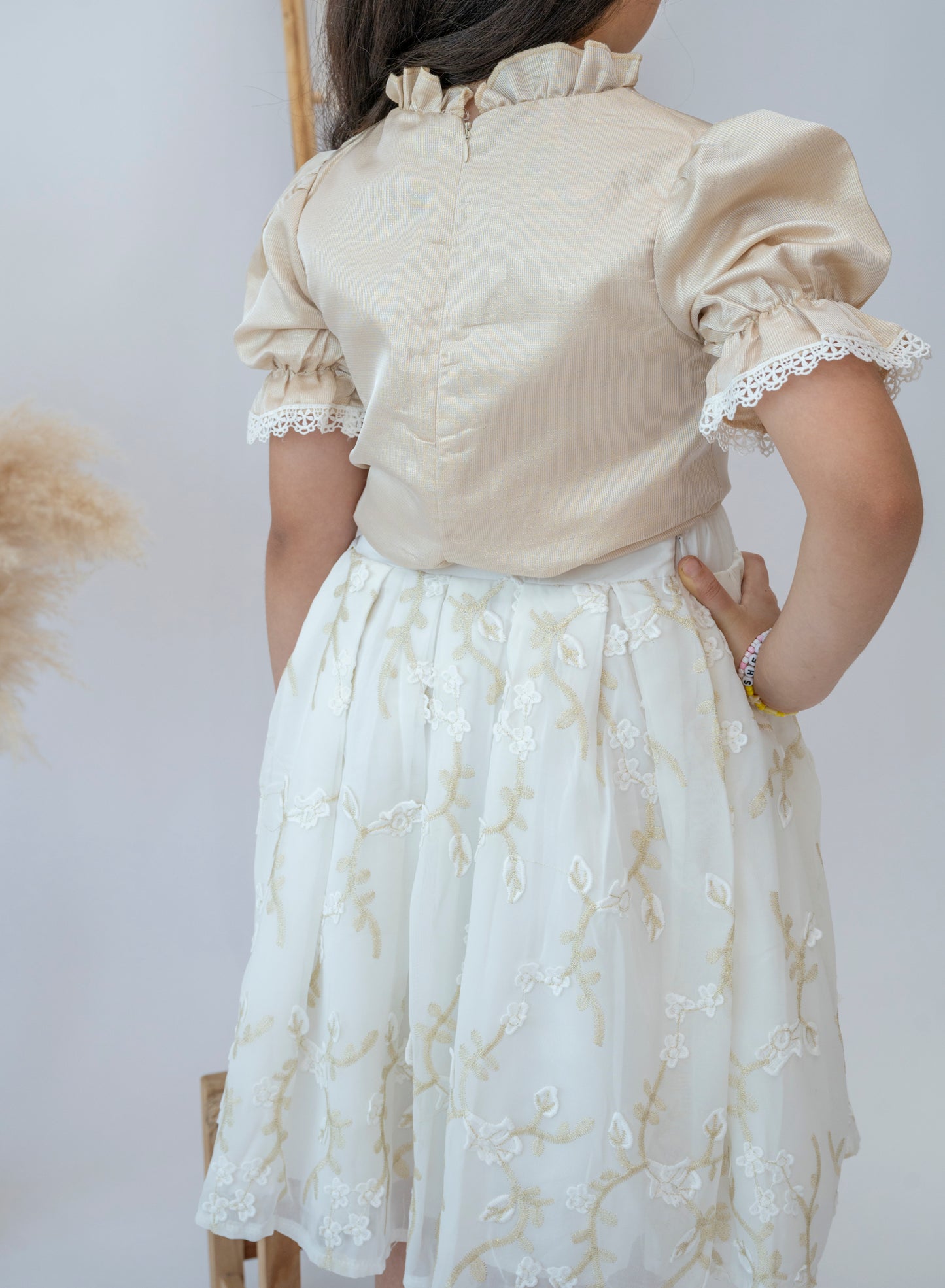 “Golden Elegance” Girls’ Embroidered Dress