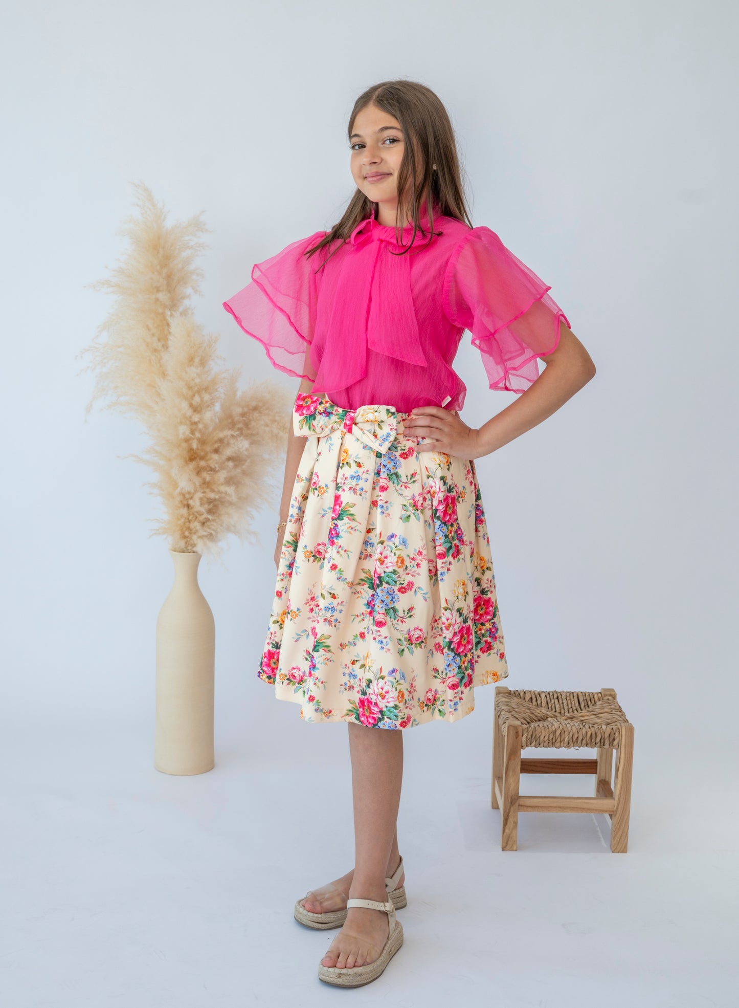 Vibrant Summer Floral Skirt and Pink Blouse Set for Girls