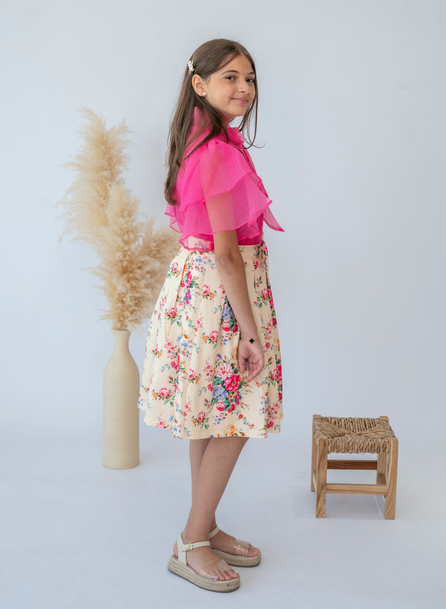 Vibrant Summer Floral Skirt and Pink Blouse Set for Girls