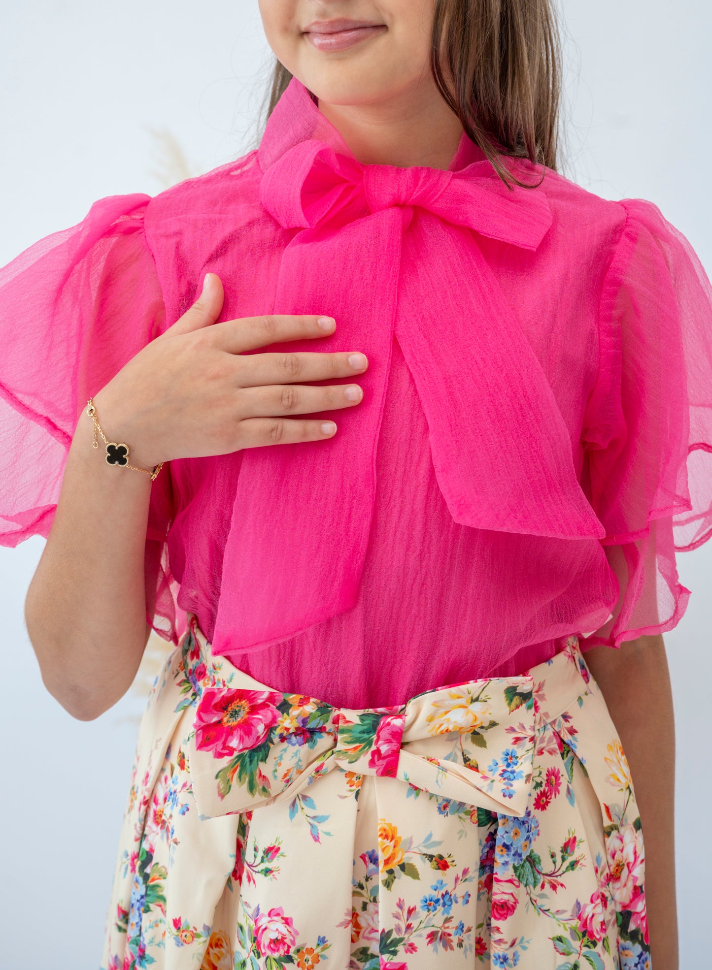 Vibrant Summer Floral Skirt and Pink Blouse Set for Girls