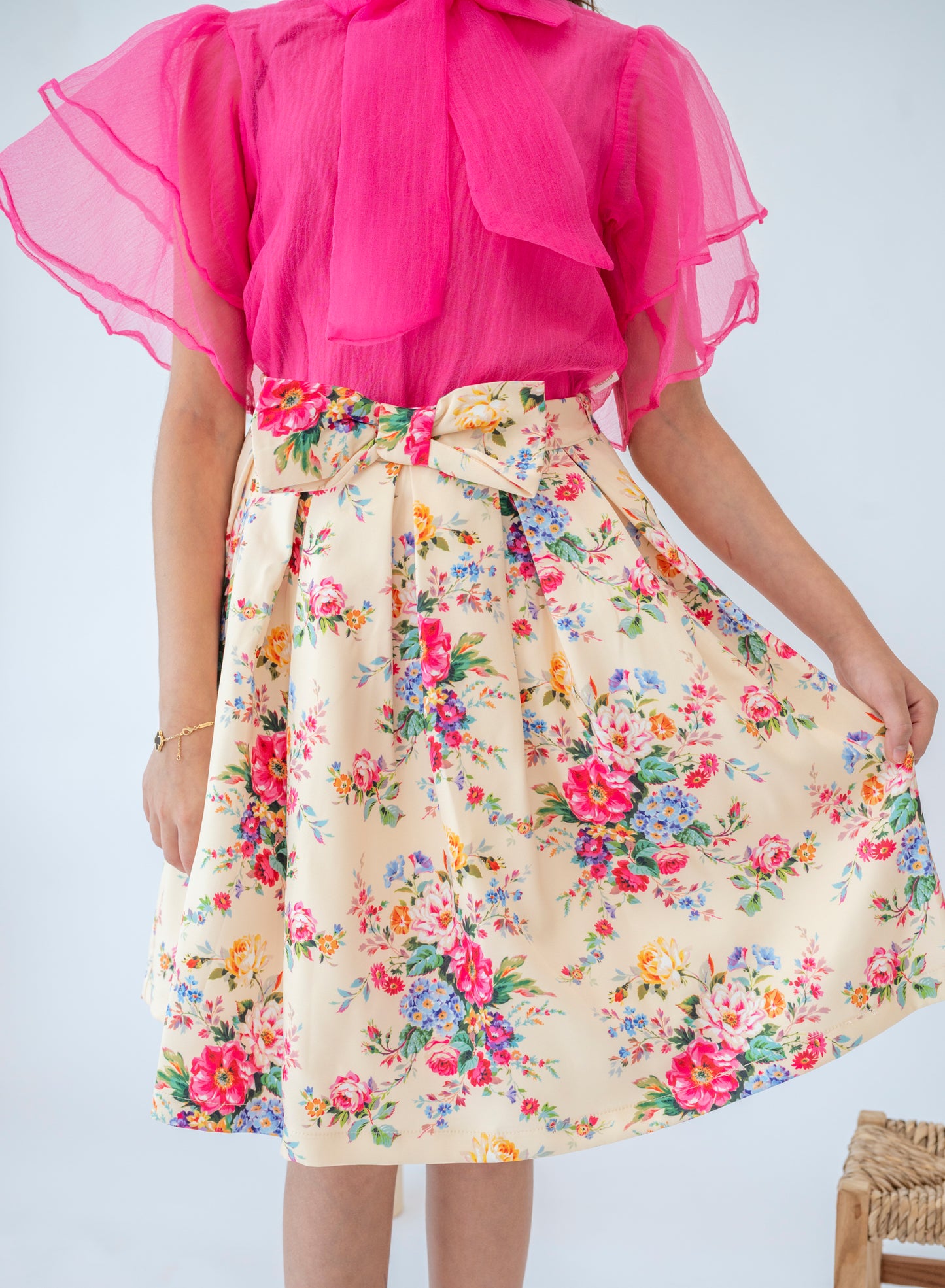 Vibrant Summer Floral Skirt and Pink Blouse Set for Girls
