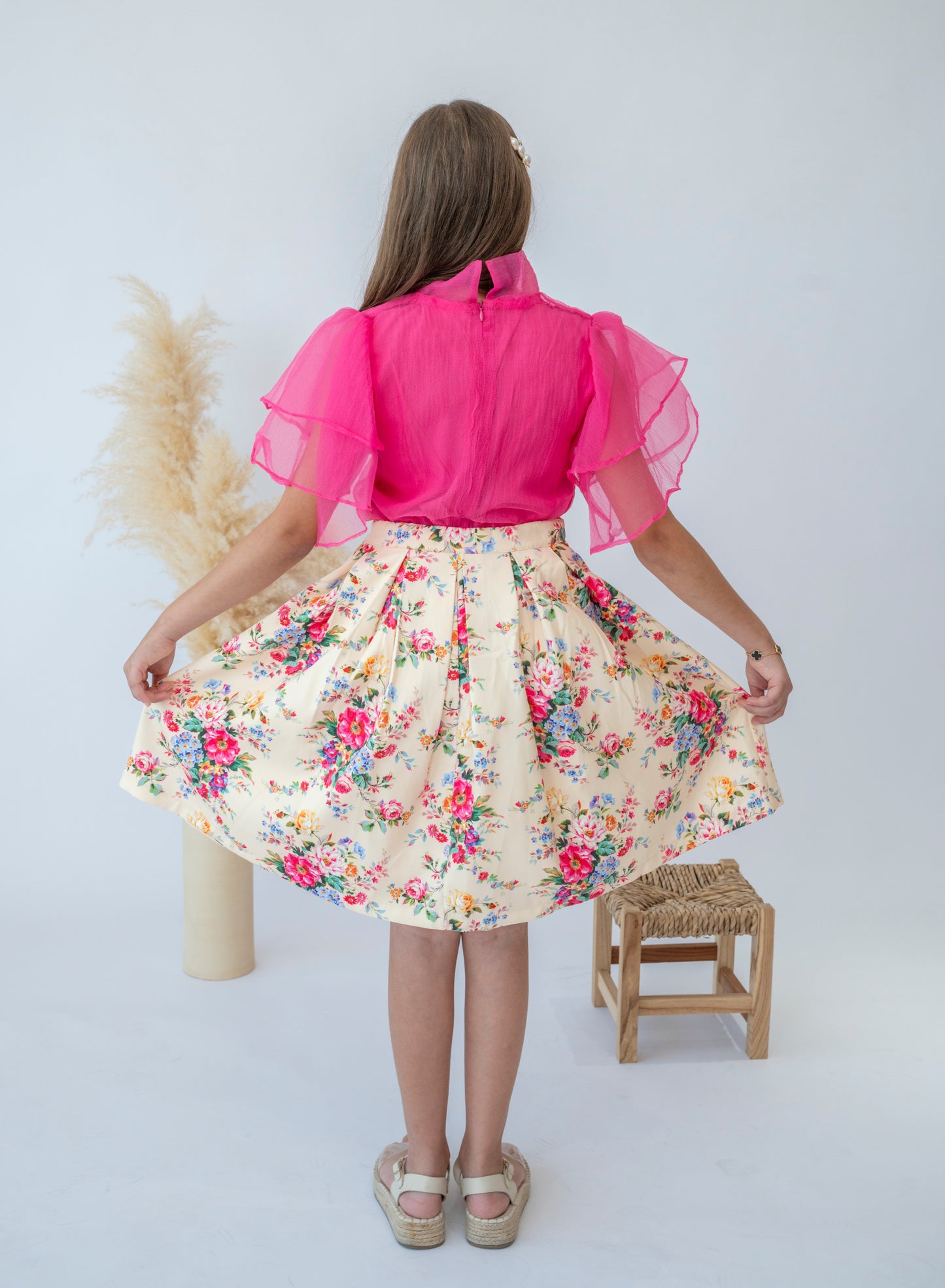 Vibrant Summer Floral Skirt and Pink Blouse Set for Girls