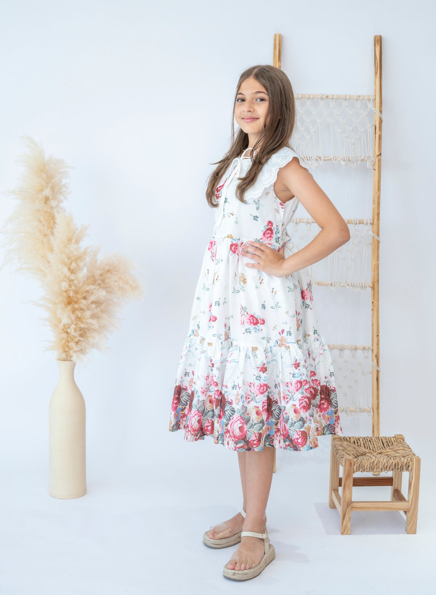 Beautiful White Floral Dress with Eyelet Lace Collar for Girls