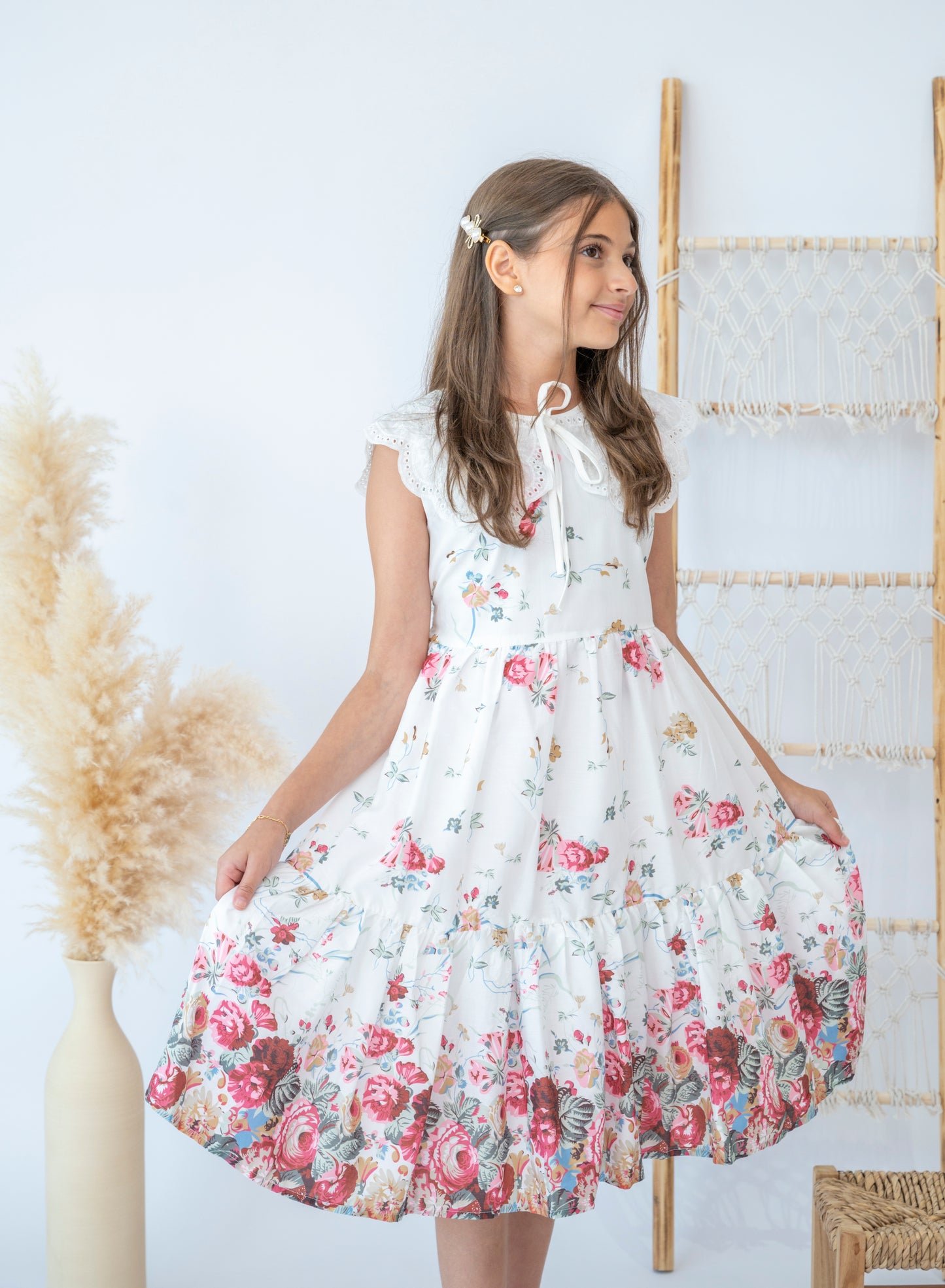 Beautiful White Floral Dress with Eyelet Lace Collar for Girls