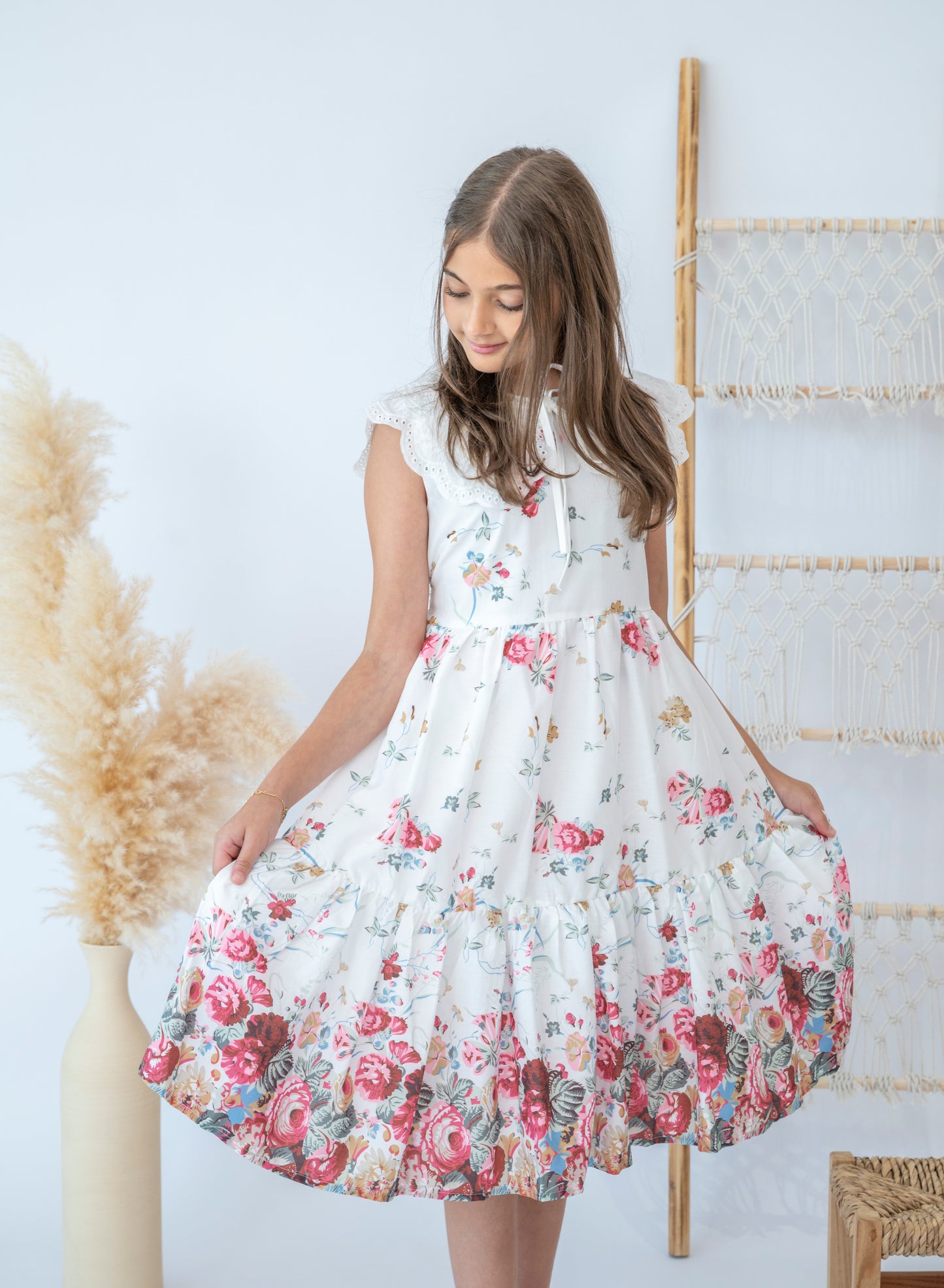Beautiful White Floral Dress with Eyelet Lace Collar for Girls
