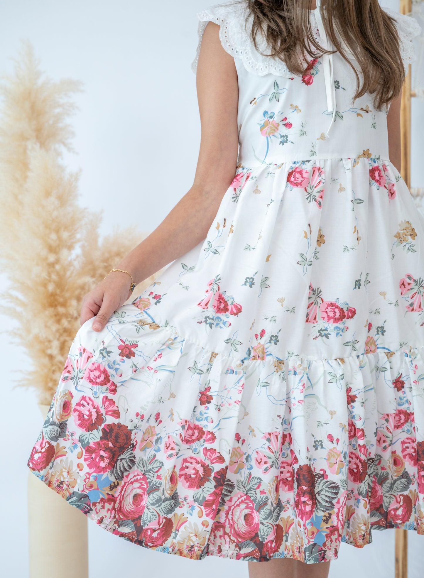 Beautiful White Floral Dress with Eyelet Lace Collar for Girls
