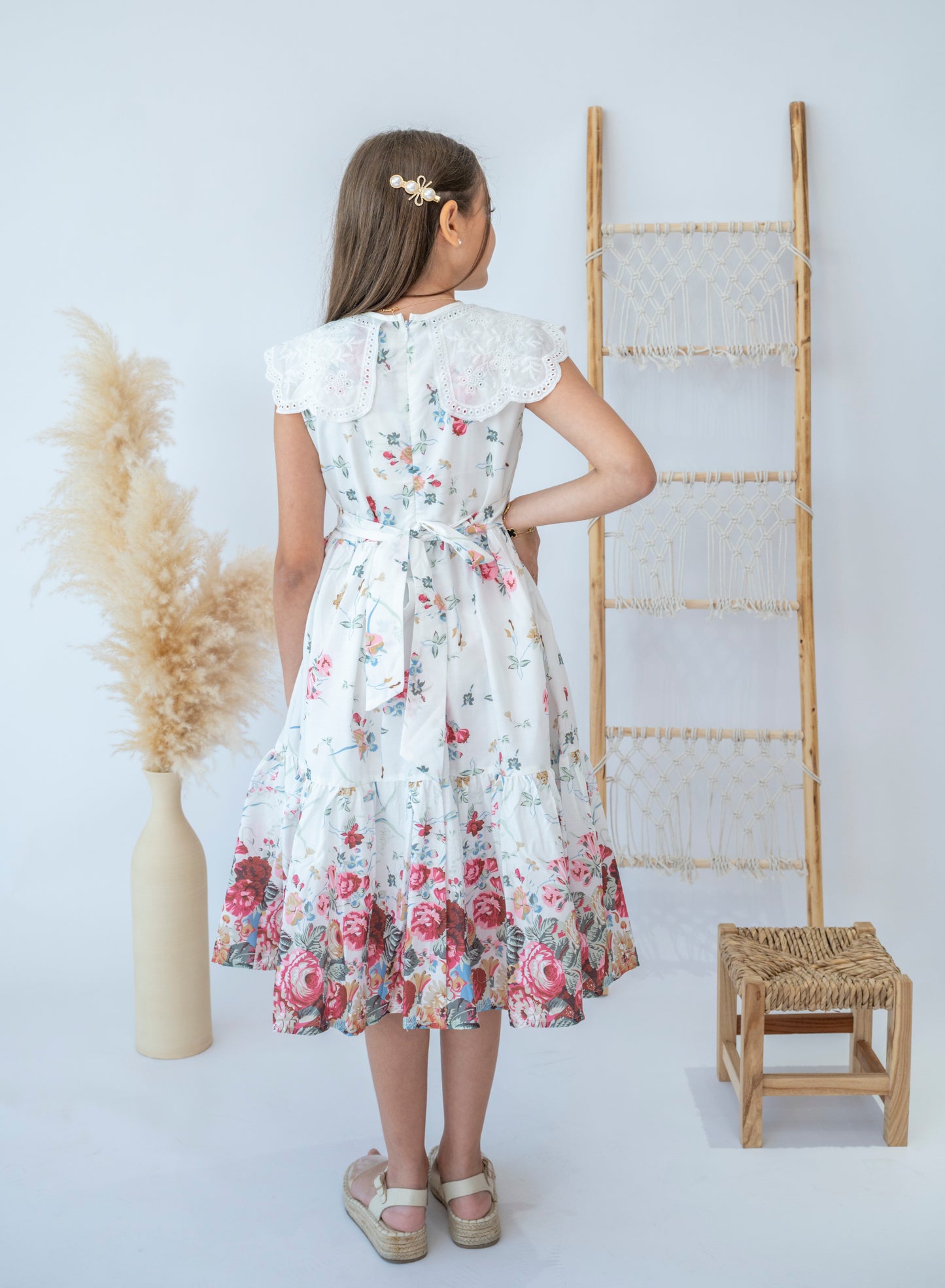 Beautiful White Floral Dress with Eyelet Lace Collar for Girls