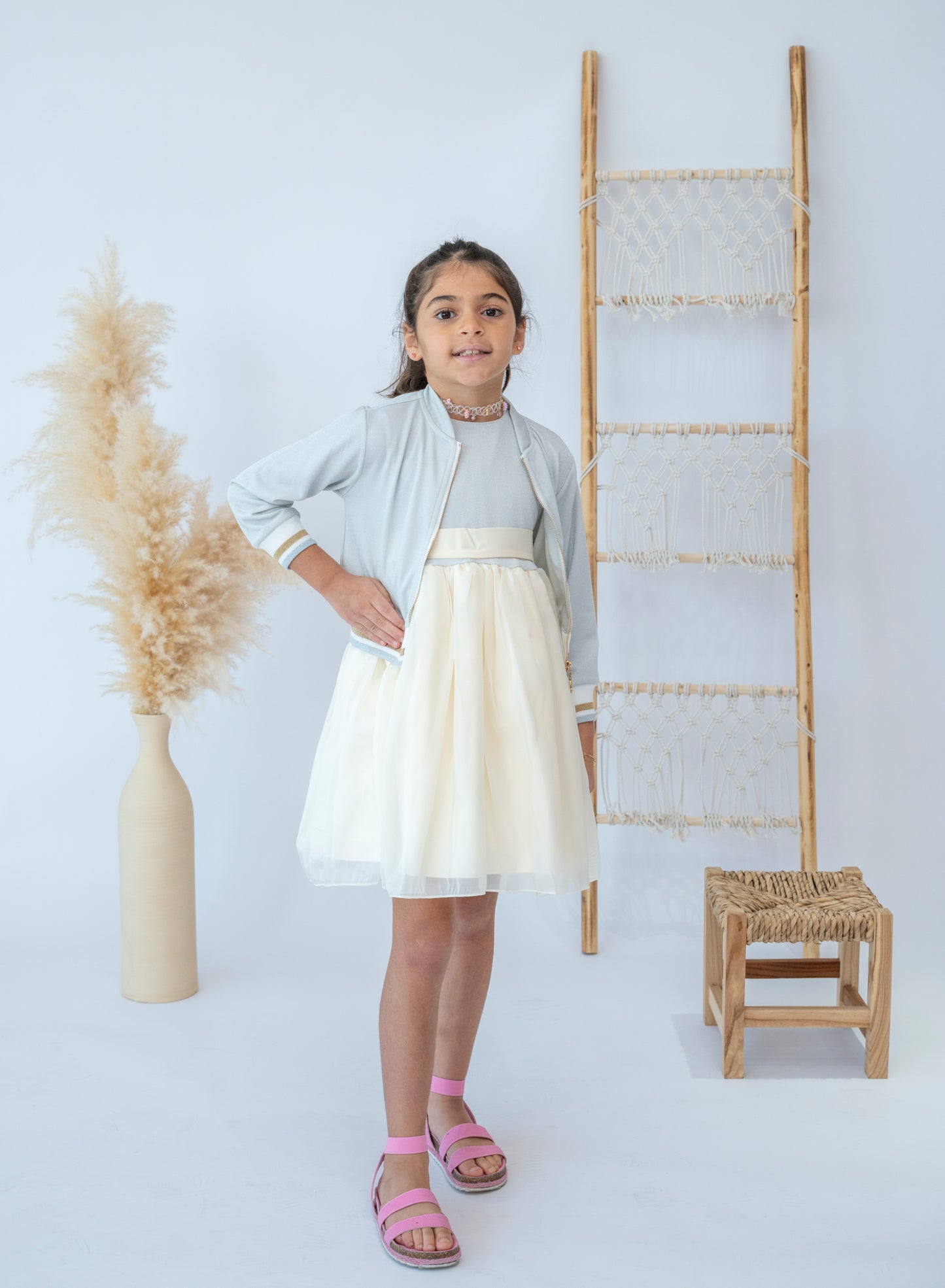 Cream Tulle Skirt Dress with Cardigan