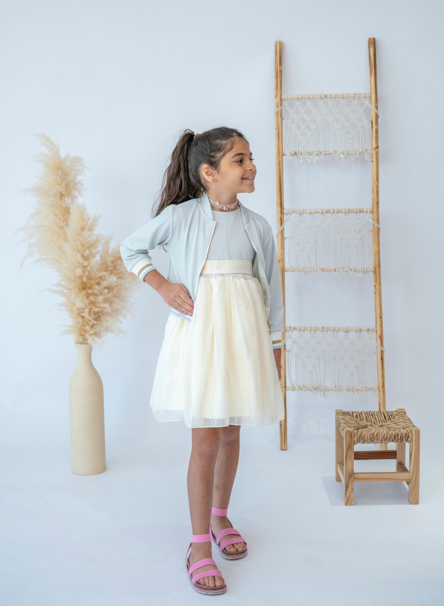Cream Tulle Skirt Dress with Cardigan