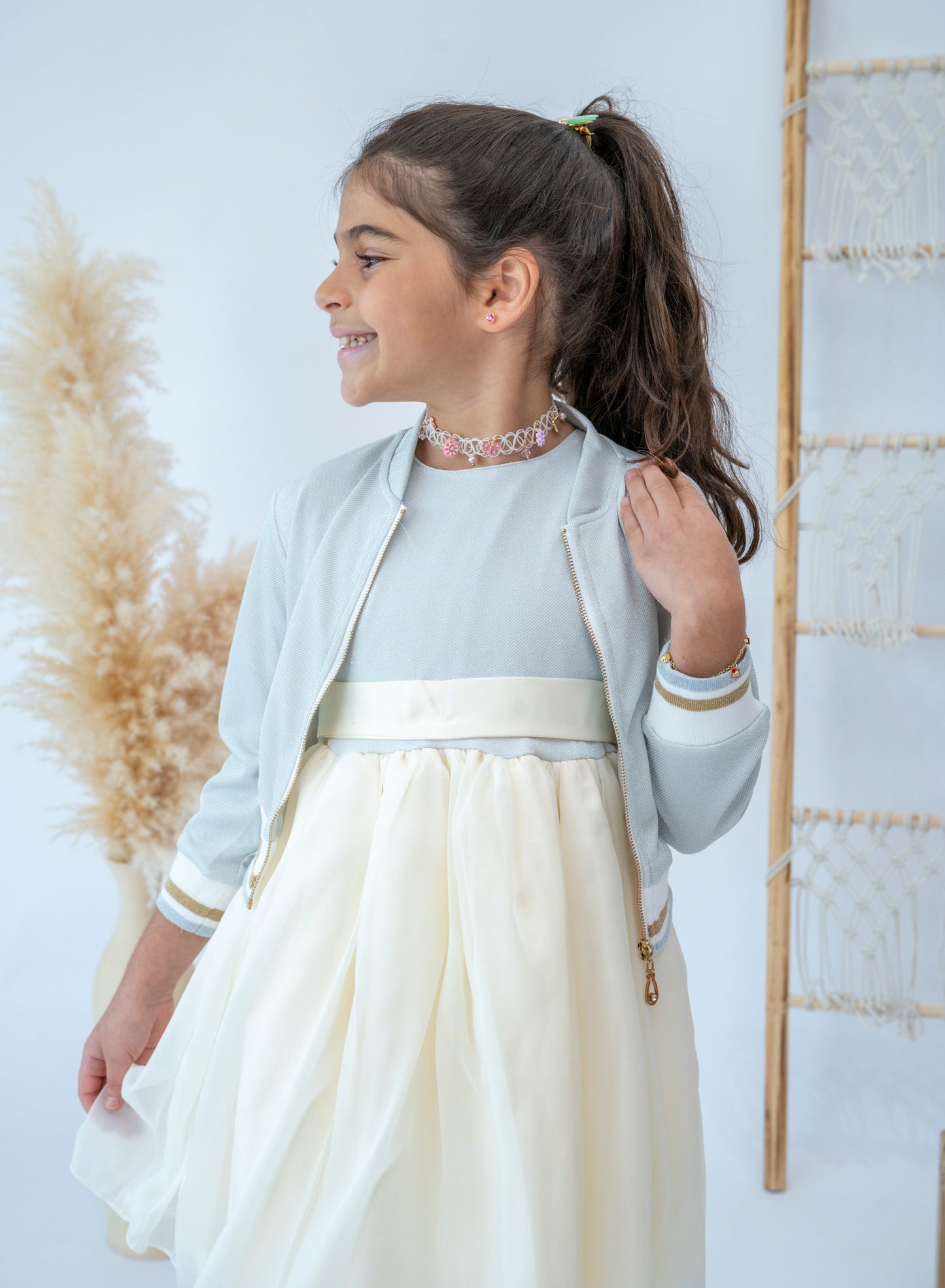 Cream Tulle Skirt Dress with Cardigan