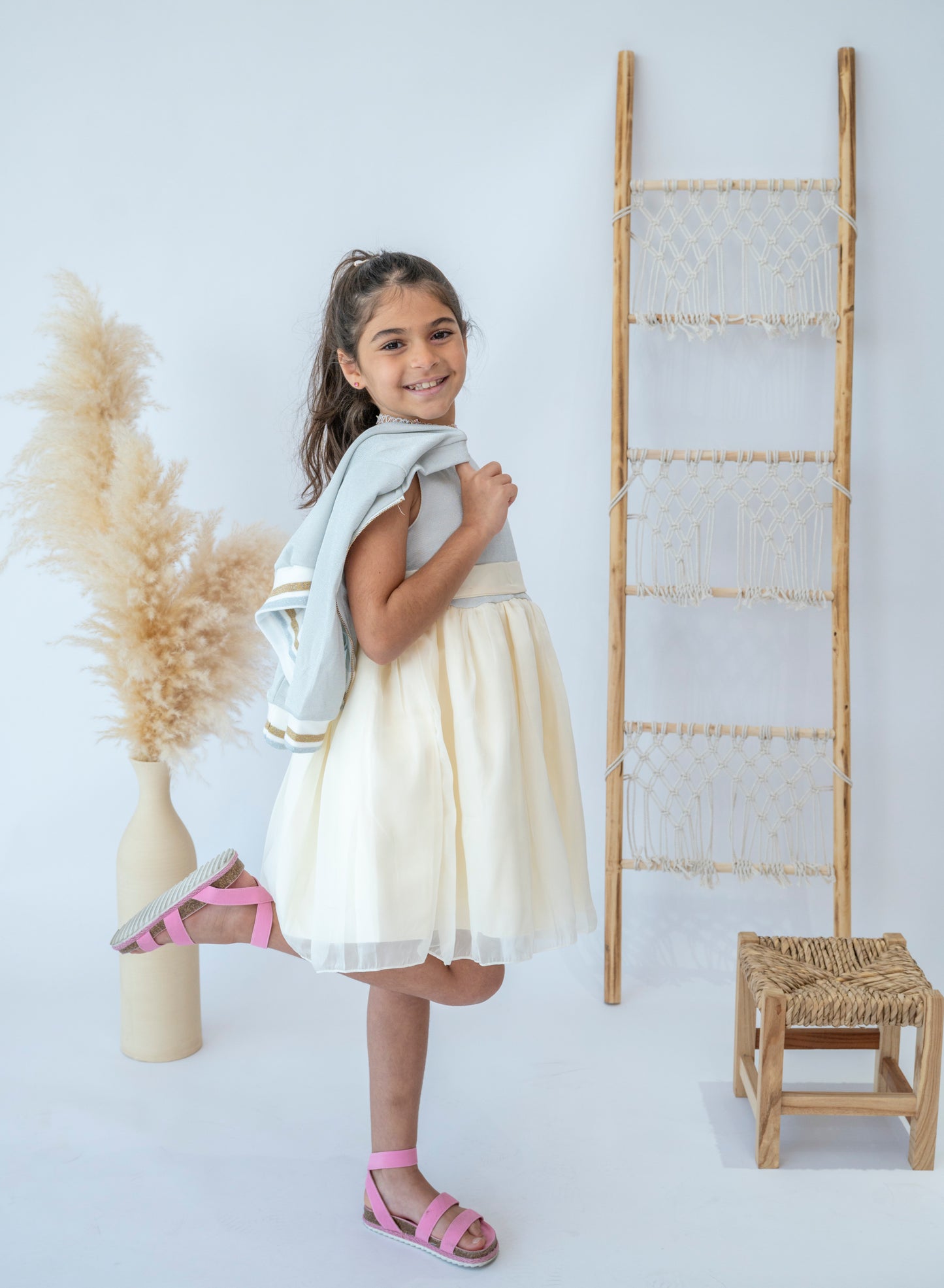 Cream Tulle Skirt Dress with Cardigan