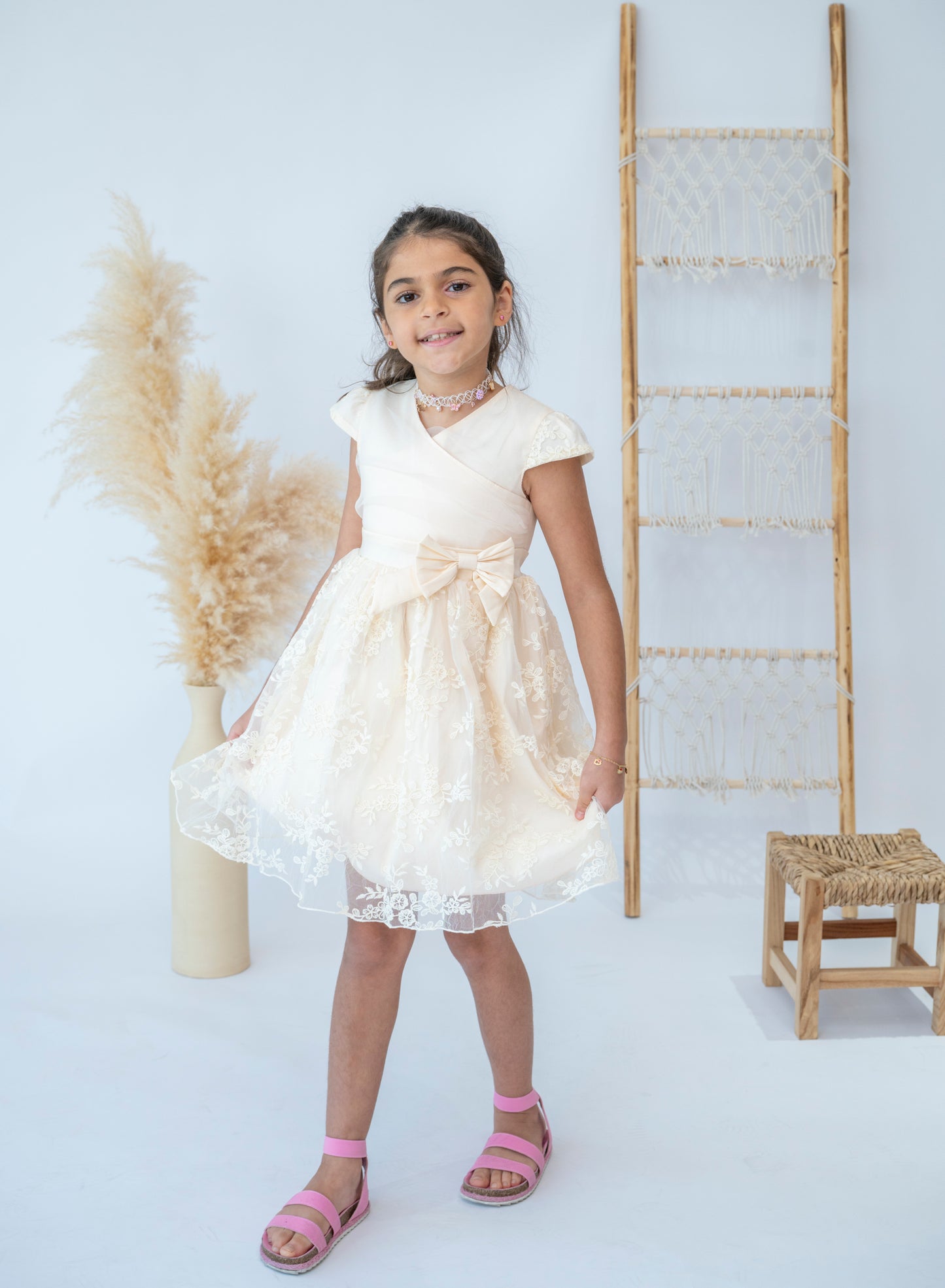 Elegant Cream Floral Lace Dress for Girls