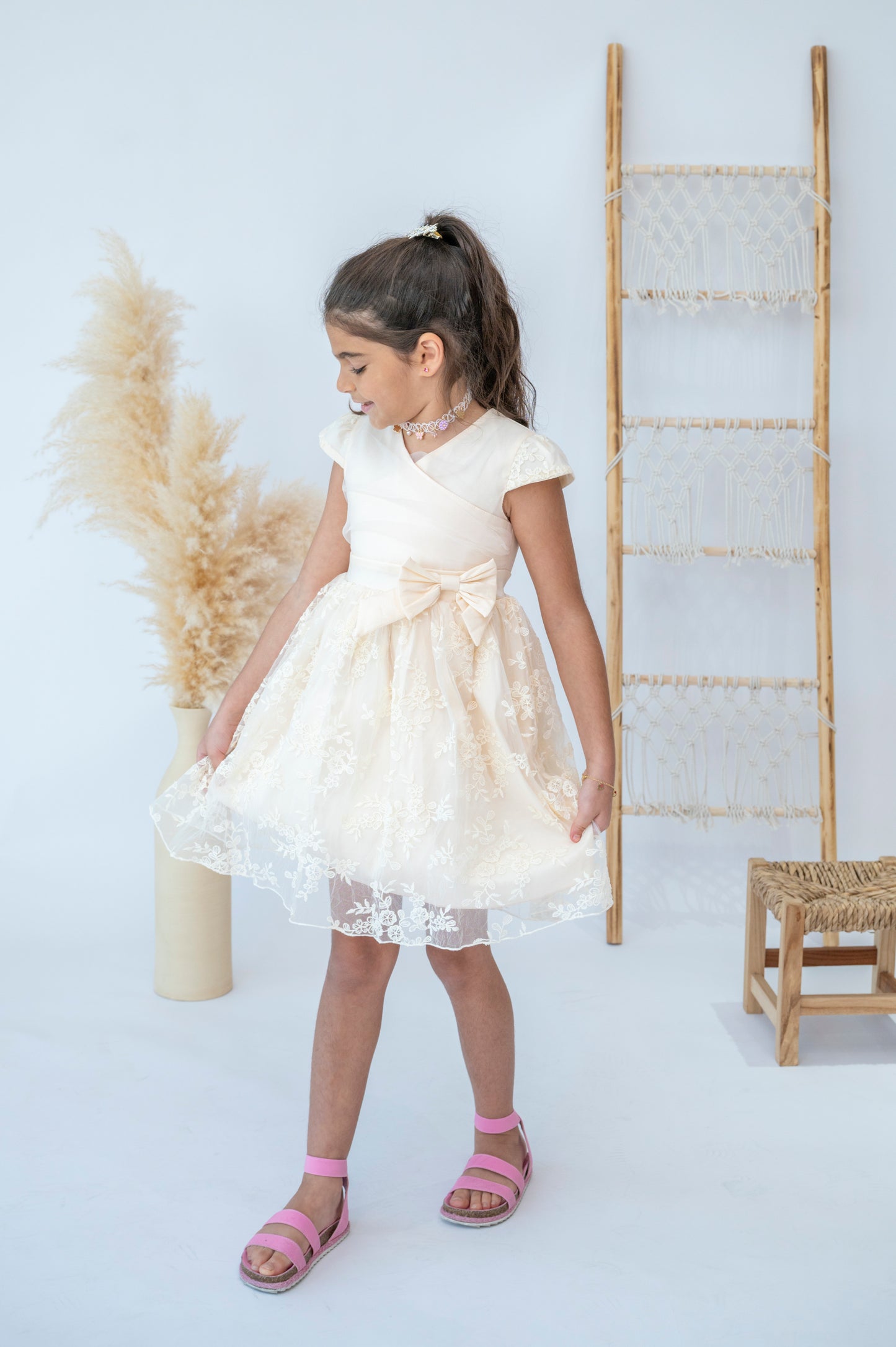 Elegant Cream Floral Lace Dress for Girls