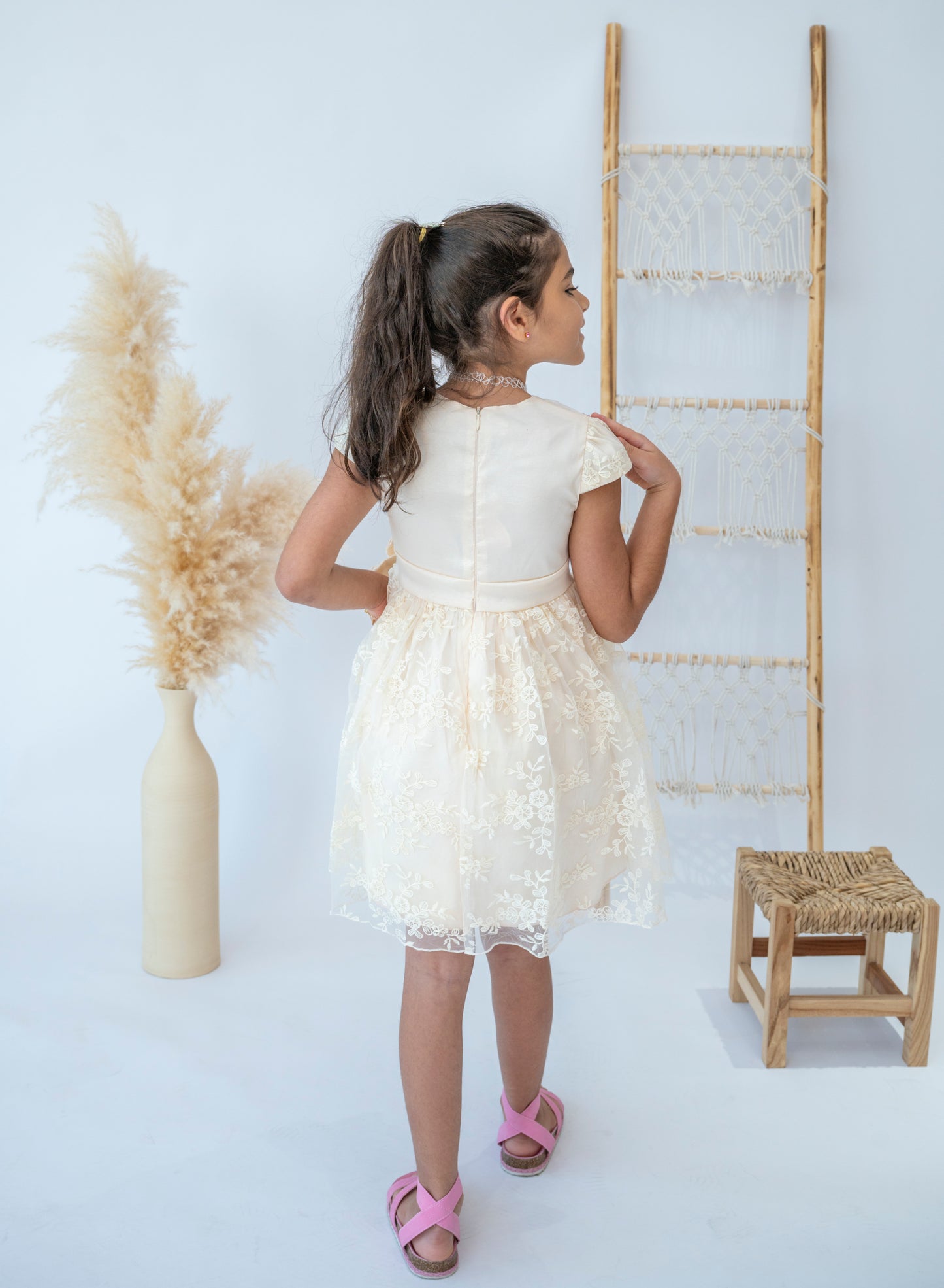 Elegant Cream Floral Lace Dress for Girls