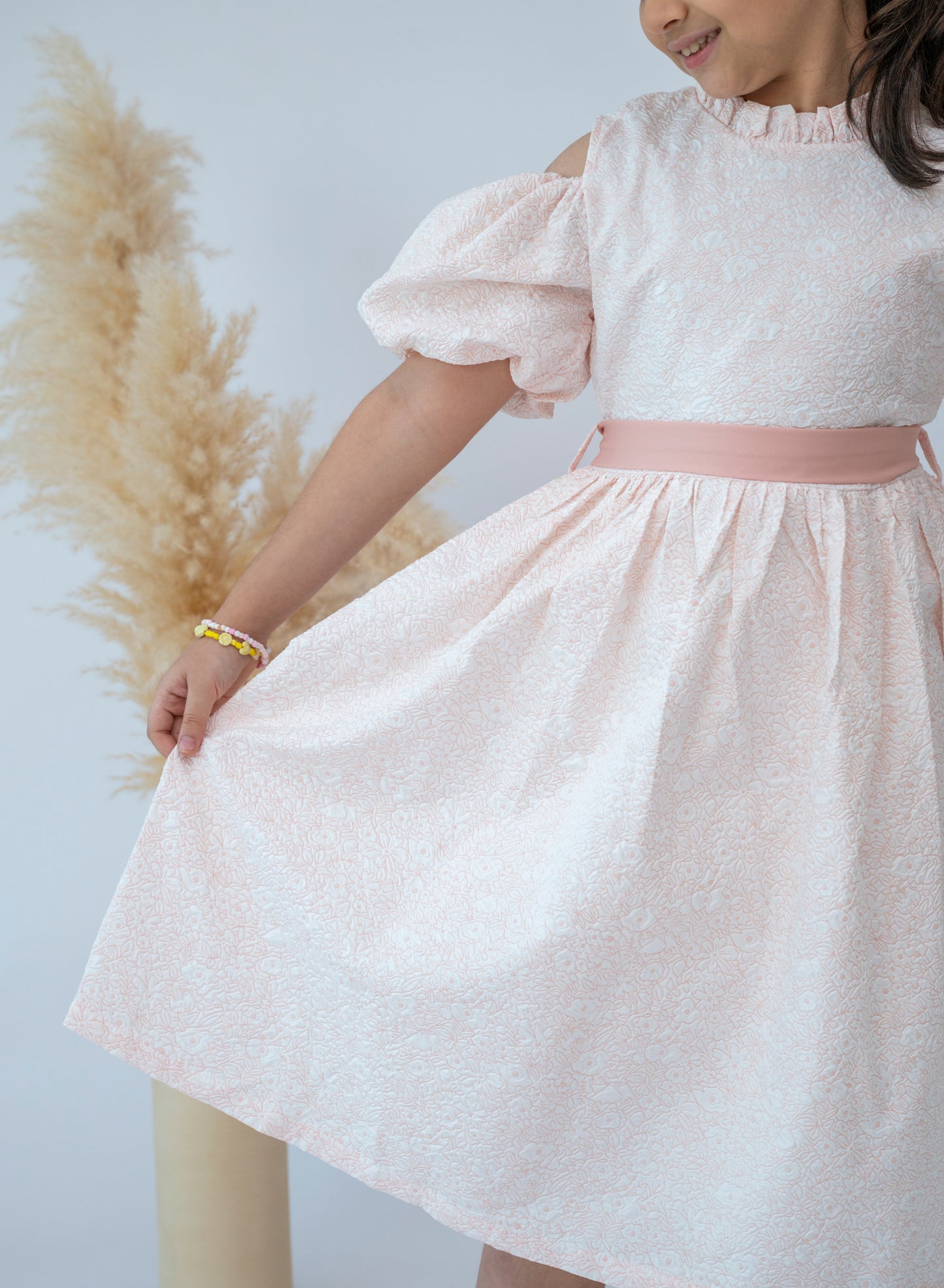 Elegant Pink Floral Girls Dress with Puff Sleeves