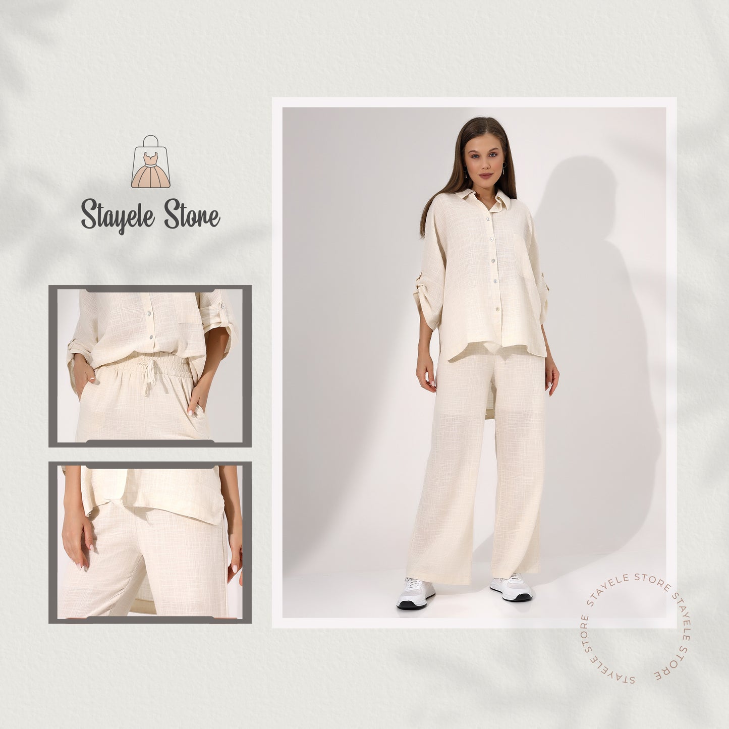 Ladies Cream Button Down Shirt and Pants Set
