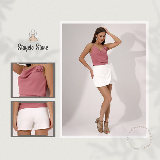 Elegant Pink Camisole and White Skirt-short Set