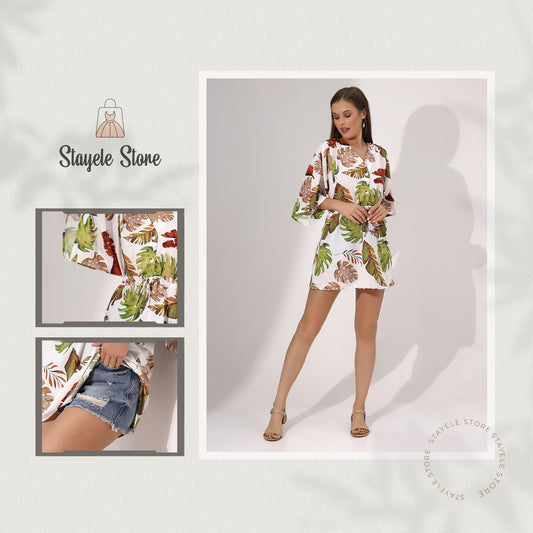 Tropical Print Drawstring Waist Dress