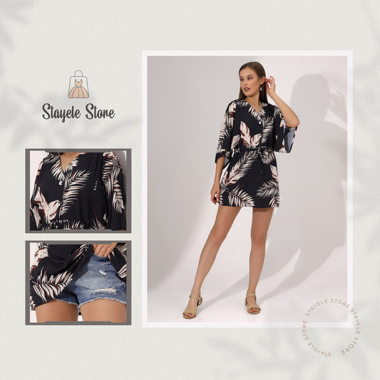 Tropical Print Drawstring Mini Dress
