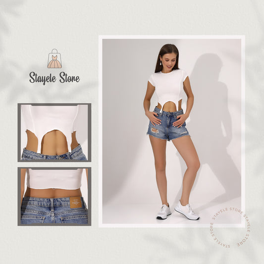 White Cutout Crop Top with Raw Hem
