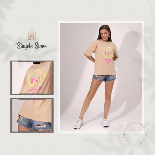 Graphic Beige T-Shirt with Face Illustration