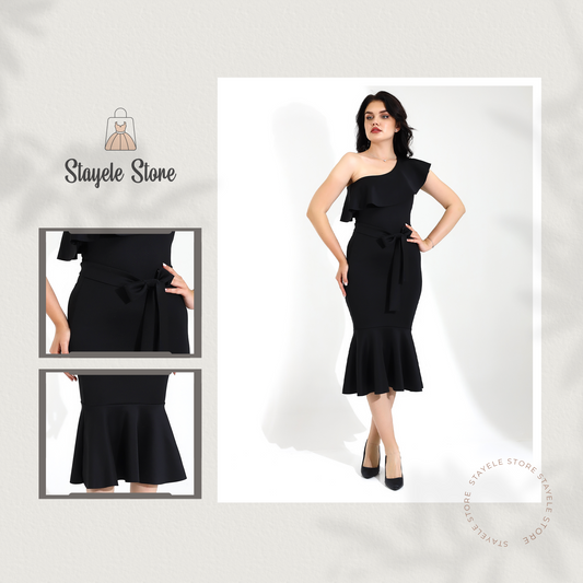 Elegant Black One-Shoulder Midi Dress with Flared Hem