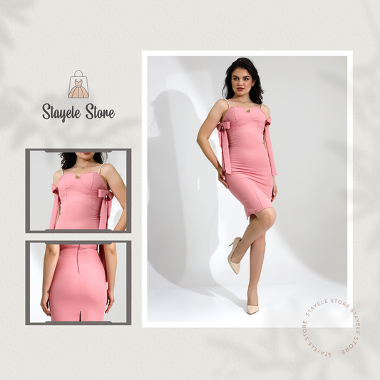 Elegant Pink Bodycon Dress with Shoulder Bows